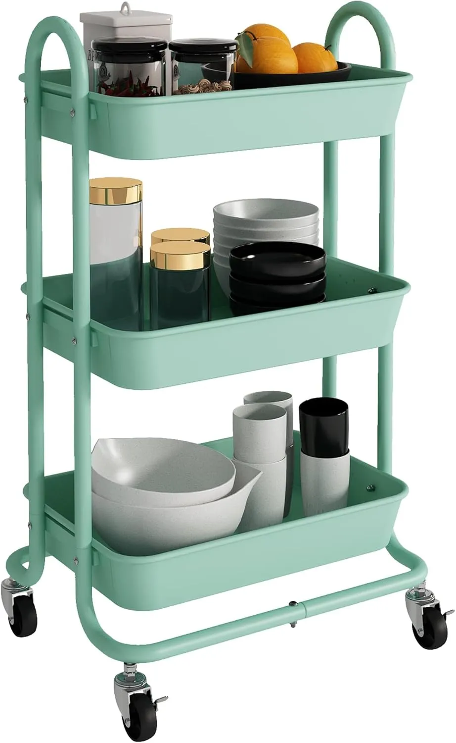 3-Tier Green Utility Rolling Cart with Plastic Baskets,Kitchen Storage Carts with Wheels,Green Metal Rolling Cart for Office,Home,Kitchen,Garden（18"x11.4"x31.2"）