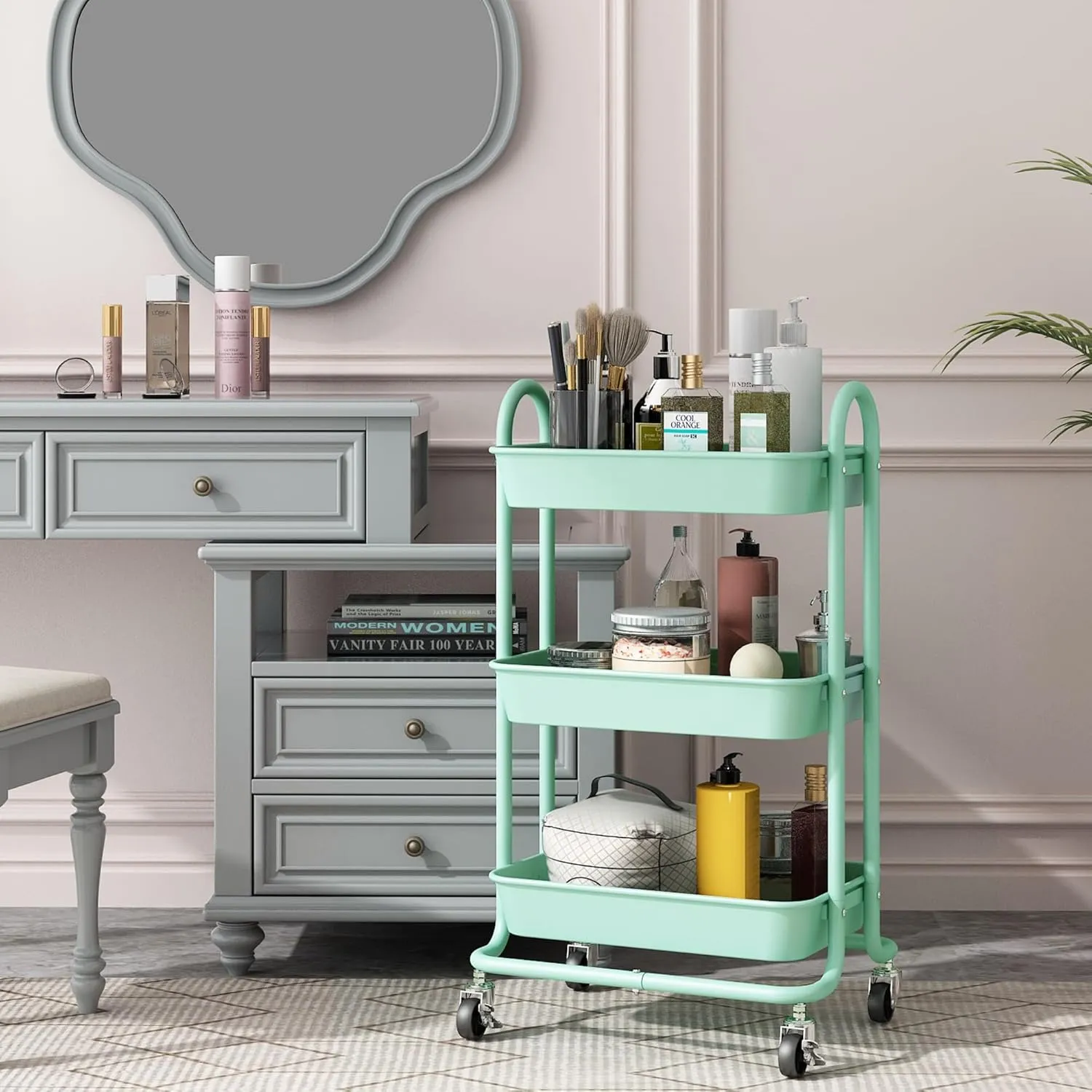 3-Tier Green Utility Rolling Cart with Plastic Baskets,Kitchen Storage Carts with Wheels,Green Metal Rolling Cart for Office,Home,Kitchen,Garden（18"x11.4"x31.2"）