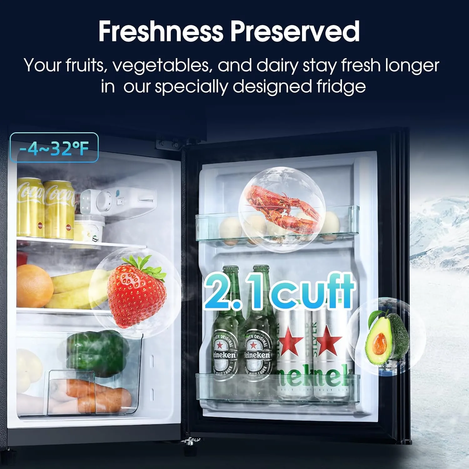 3.2 Cu.Ft Fridge with Freezer, 2 Door Refrigerator with 7 Level Thermostat, LED Light, Adjustable Removable Glass Shelves for Bedroom, Office, Dorm, Apartment, Black