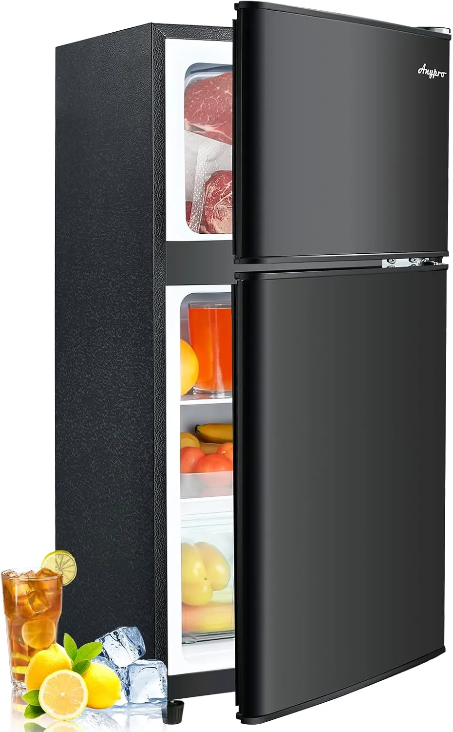 3.2 Cu.Ft Fridge with Freezer, 2 Door Refrigerator with 7 Level Thermostat, LED Light, Adjustable Removable Glass Shelves for Bedroom, Office, Dorm, Apartment, Black