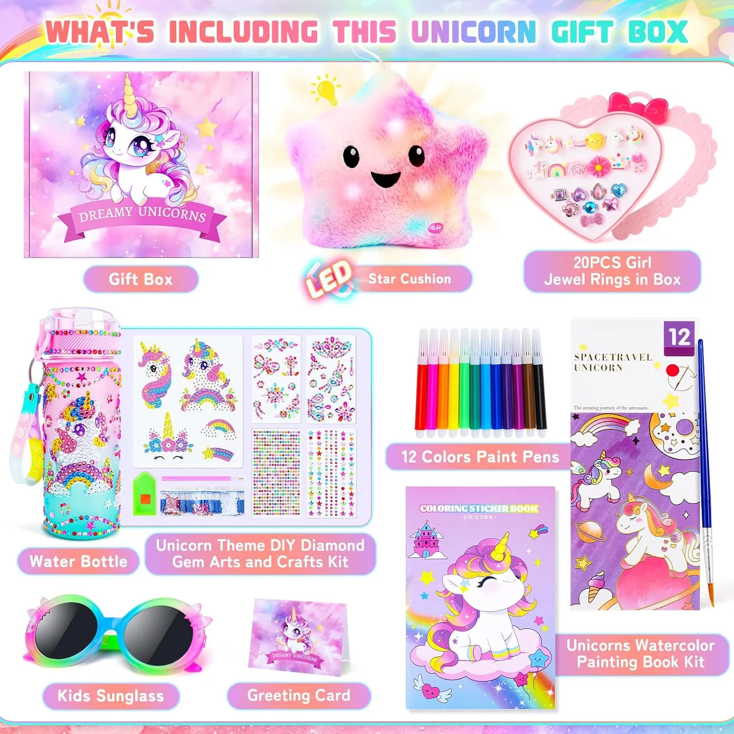 39PCS Unicorns Gifts for Girls Kids Toys 3 4 5 6 7 8 9 10 Years Old-Decorate Your Water Bottle Kits for Girls/Light Up Star Pillow Unicorn Diamond Painting Toys Gifts for Girls Birthday Christmas