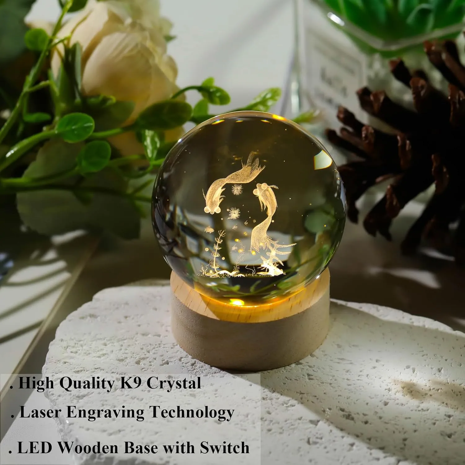 3D Goldfish Crystal Ball Night Light, Crystal Goldfish Figurines with Wooden Base Gifts for Women and Kids, 3D Laser Engraved Glass Sphere Paperweight Decor for Home Office.