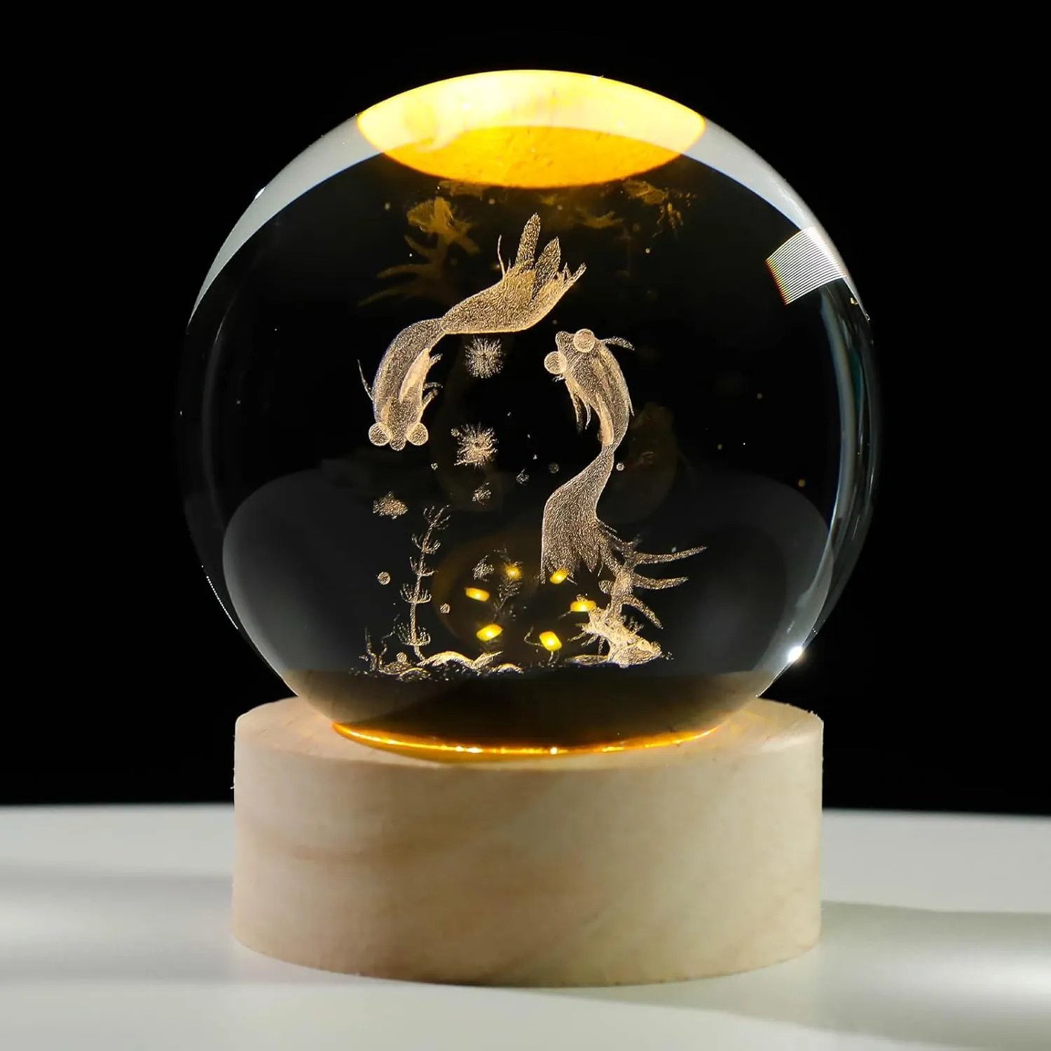 3D Goldfish Crystal Ball Night Light, Crystal Goldfish Figurines with Wooden Base Gifts for Women and Kids, 3D Laser Engraved Glass Sphere Paperweight Decor for Home Office.