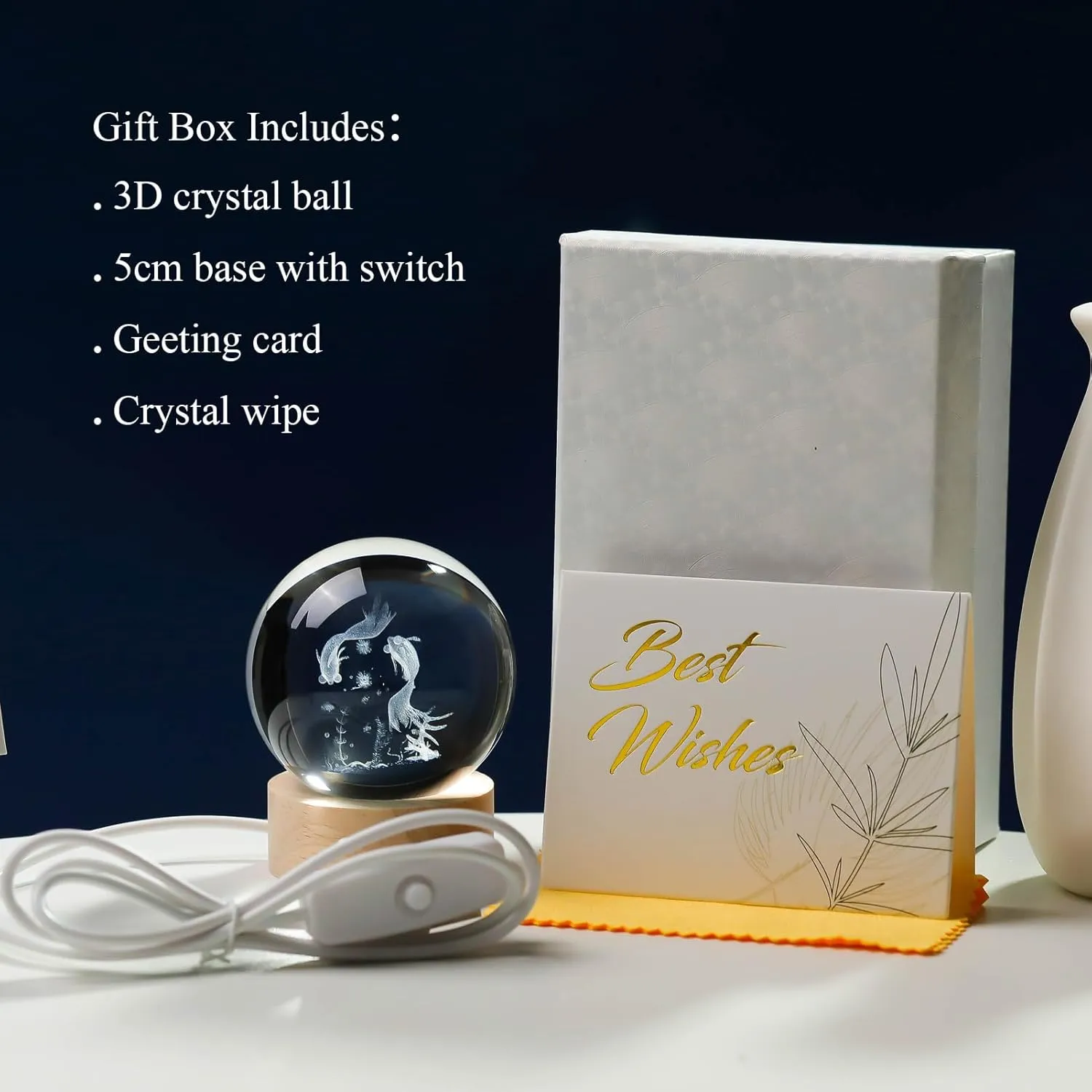 3D Goldfish Crystal Ball Night Light, Crystal Goldfish Figurines with Wooden Base Gifts for Women and Kids, 3D Laser Engraved Glass Sphere Paperweight Decor for Home Office.
