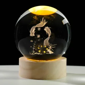 3D Goldfish Crystal Ball Night Light, Crystal Goldfish Figurines with Wooden Base Gifts for Women and Kids, 3D Laser Engraved Glass Sphere Paperweight Decor for Home Office.