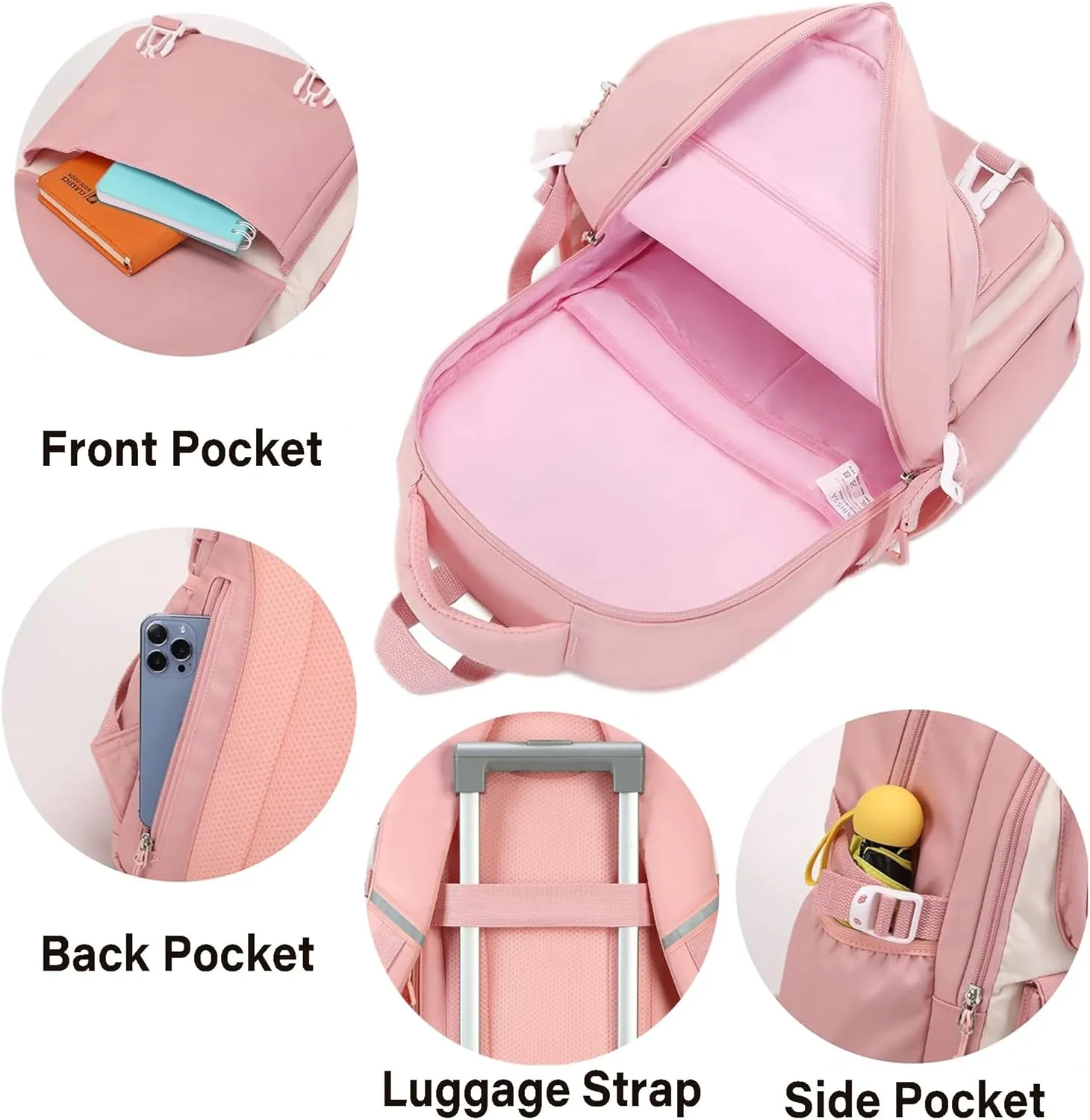 3PCS Backpack for Girls Fits 15.6 Inch Kids Backpack with Lunch Box,Pencil Pouch Set,Waterproof Bookbag School Bags for Teens Girls Elementary Students,Pink
