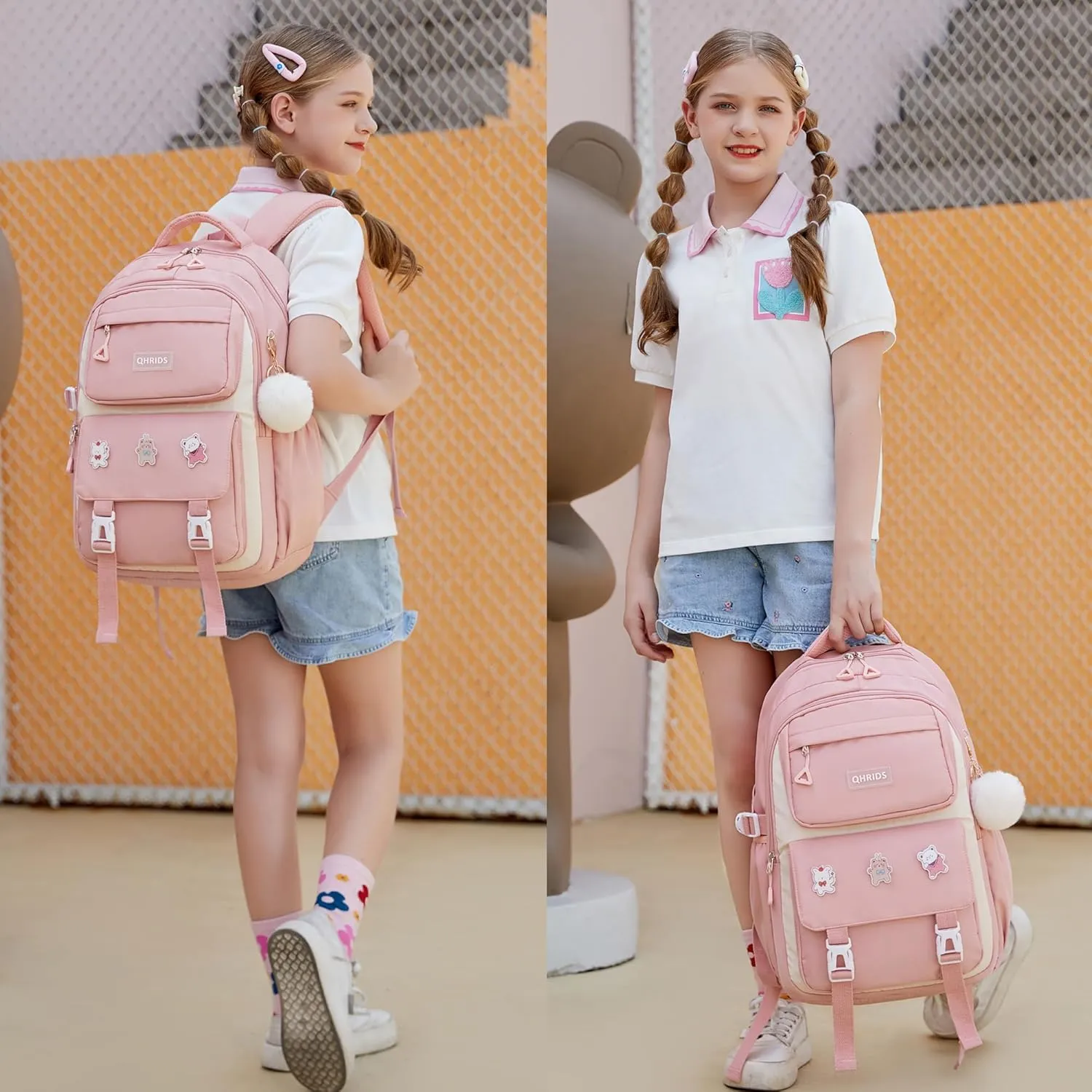 3PCS Backpack for Girls Fits 15.6 Inch Kids Backpack with Lunch Box,Pencil Pouch Set,Waterproof Bookbag School Bags for Teens Girls Elementary Students,Pink