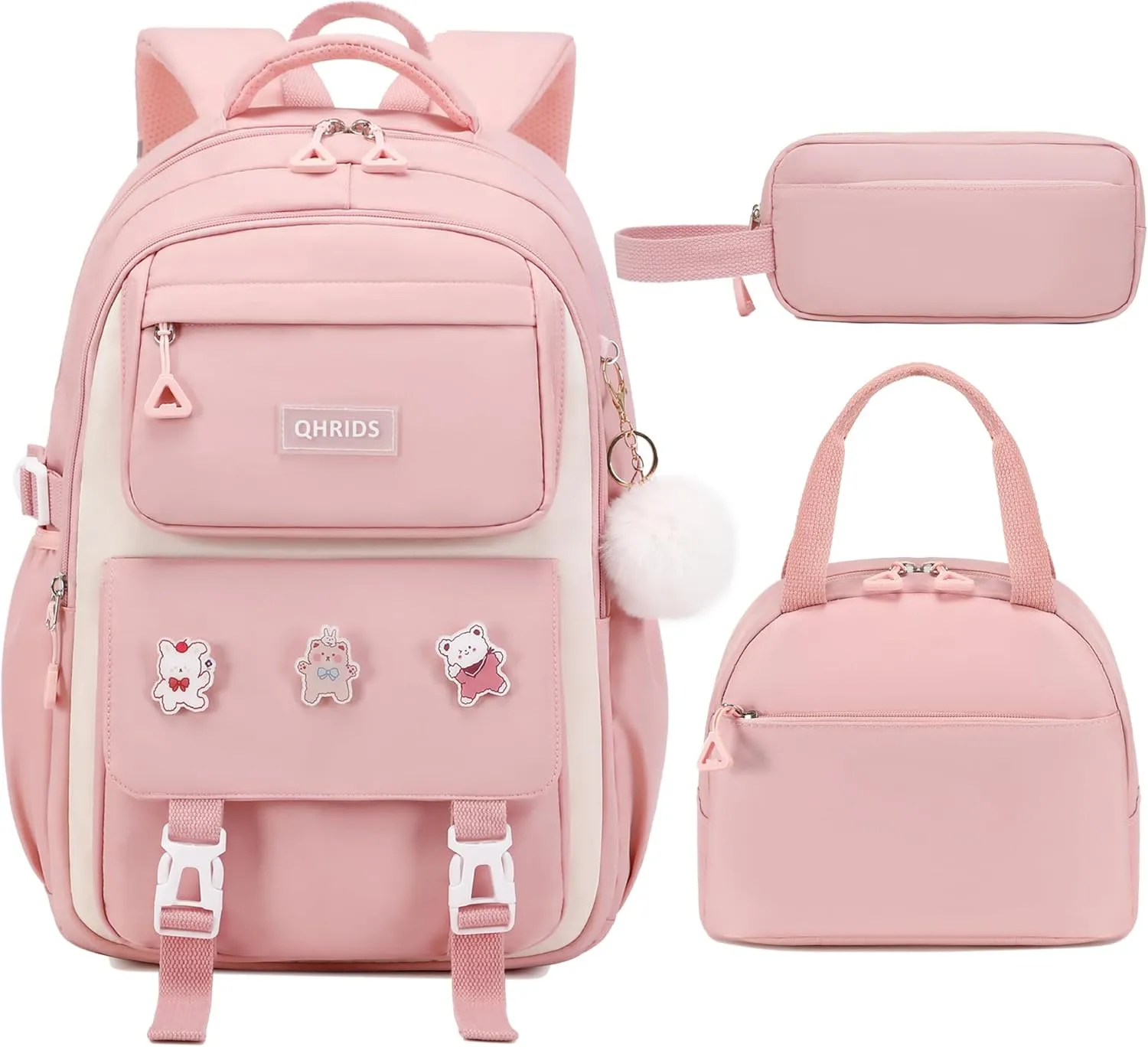 3PCS Backpack for Girls Fits 15.6 Inch Kids Backpack with Lunch Box,Pencil Pouch Set,Waterproof Bookbag School Bags for Teens Girls Elementary Students,Pink