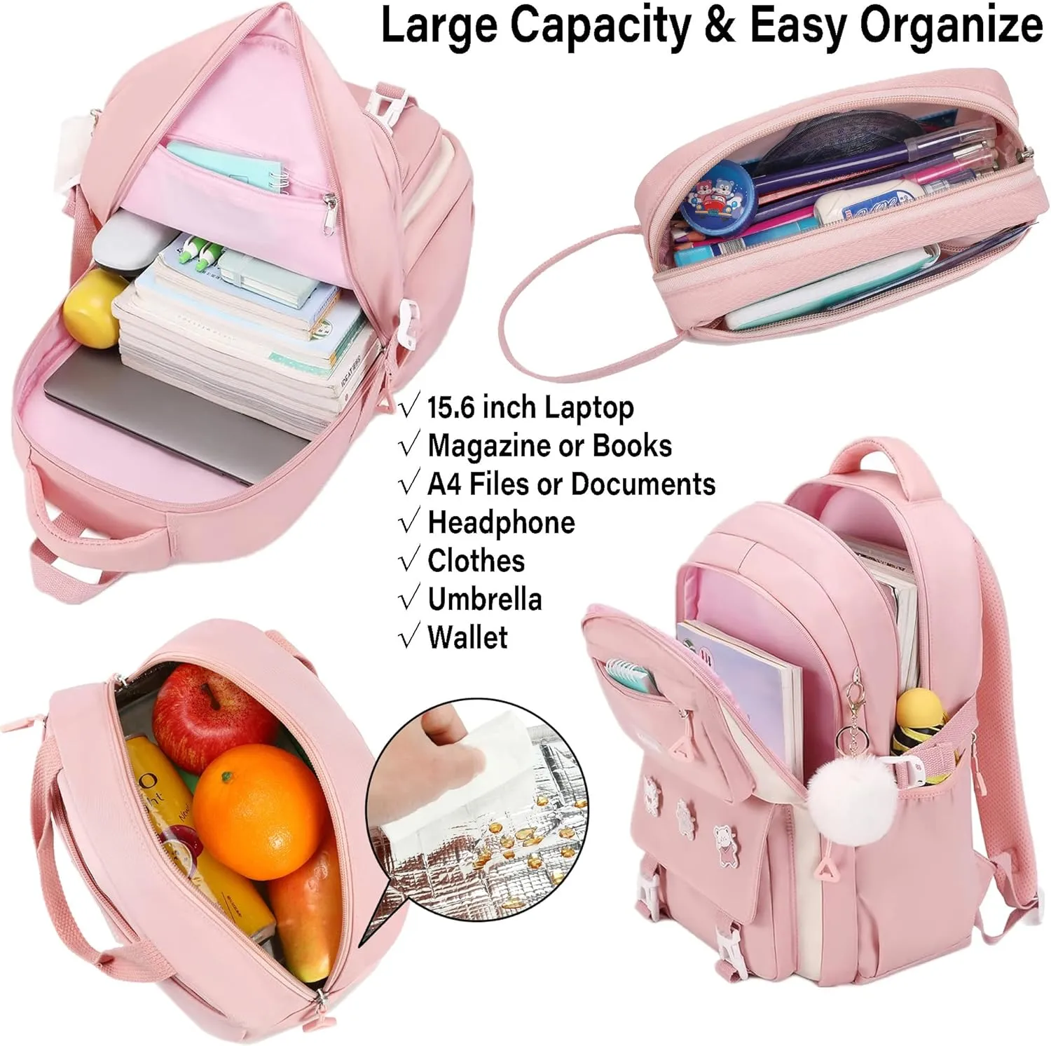 3PCS Backpack for Girls Fits 15.6 Inch Kids Backpack with Lunch Box,Pencil Pouch Set,Waterproof Bookbag School Bags for Teens Girls Elementary Students,Pink