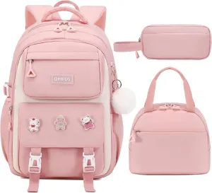 3PCS Backpack for Girls Fits 15.6 Inch Kids Backpack with Lunch Box,Pencil Pouch Set,Waterproof Bookbag School Bags for Teens Girls Elementary Students,Pink
