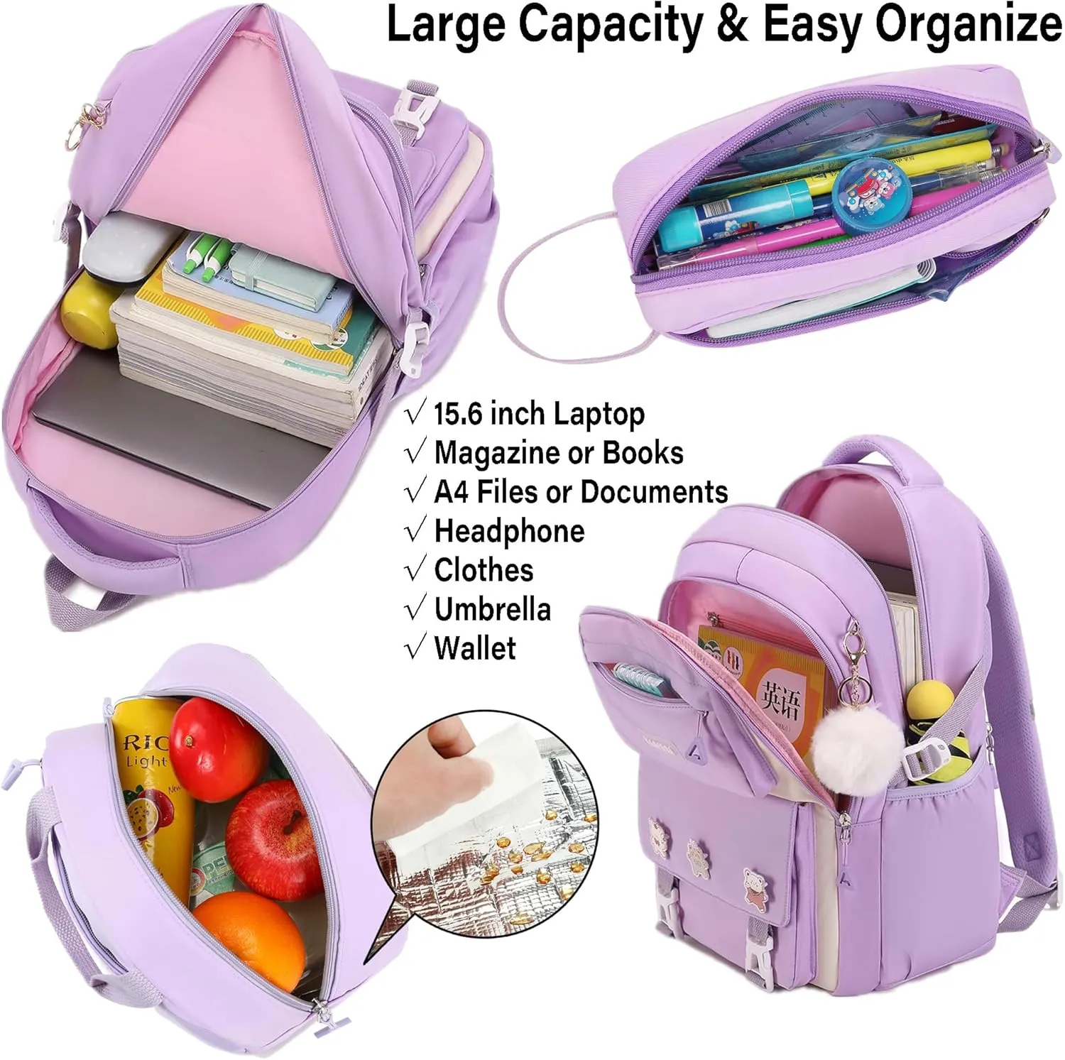 3PCS Backpack for Girls Fits 15.6 Inch Kids Backpack with Lunch Box,Pencil Pouch Set,Waterproof Bookbag School Bags for Teens Girls Elementary Students,Purple
