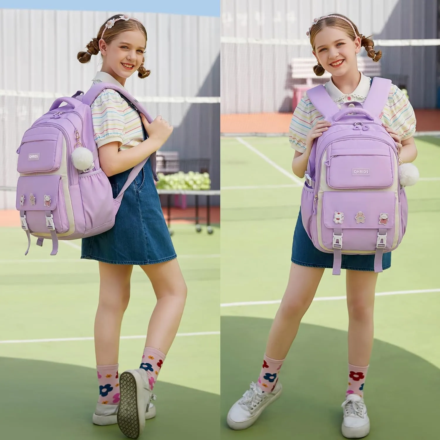 3PCS Backpack for Girls Fits 15.6 Inch Kids Backpack with Lunch Box,Pencil Pouch Set,Waterproof Bookbag School Bags for Teens Girls Elementary Students,Purple