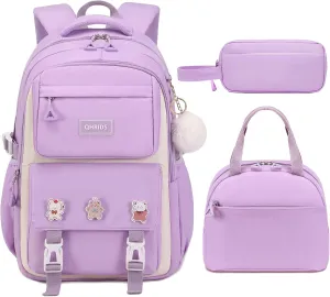 3PCS Backpack for Girls Fits 15.6 Inch Kids Backpack with Lunch Box,Pencil Pouch Set,Waterproof Bookbag School Bags for Teens Girls Elementary Students,Purple