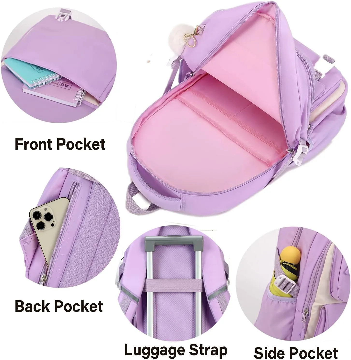 3PCS Backpack for Girls Fits 15.6 Inch Kids Backpack with Lunch Box,Pencil Pouch Set,Waterproof Bookbag School Bags for Teens Girls Elementary Students,Purple