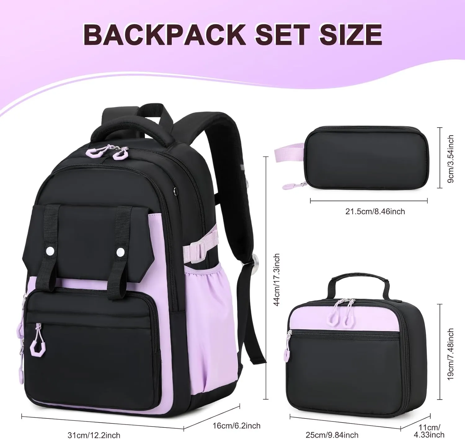 3PCS Girls Backpack for School, Kids School Backpack for Girls with Lunch Bag Pencil Case, Kids School Bookbag Teen Girls Backpacks for Elementary Middle High College School (Black-Purple)