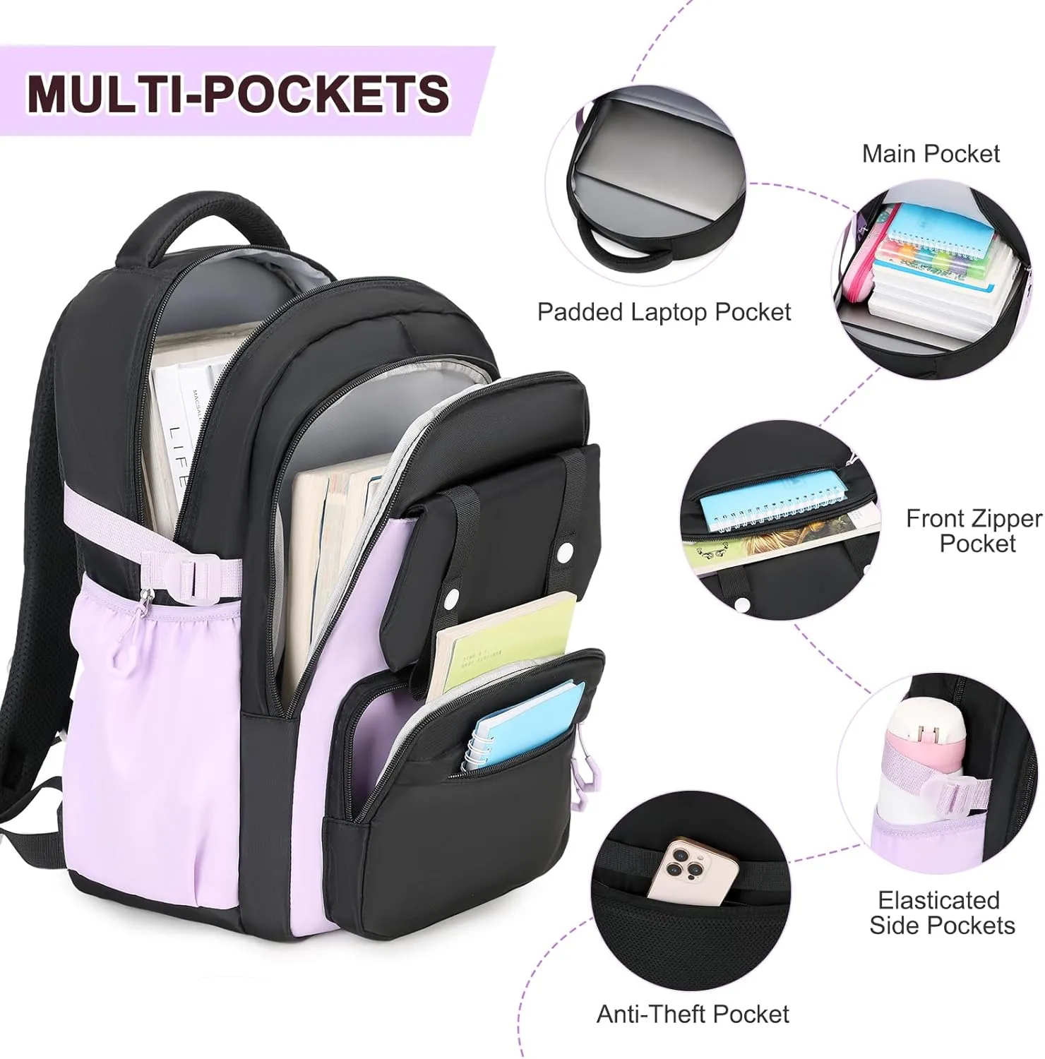 3PCS Girls Backpack for School, Kids School Backpack for Girls with Lunch Bag Pencil Case, Kids School Bookbag Teen Girls Backpacks for Elementary Middle High College School (Black-Purple)