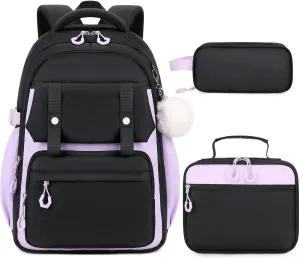 3PCS Girls Backpack for School, Kids School Backpack for Girls with Lunch Bag Pencil Case, Kids School Bookbag Teen Girls Backpacks for Elementary Middle High College School (Black-Purple)
