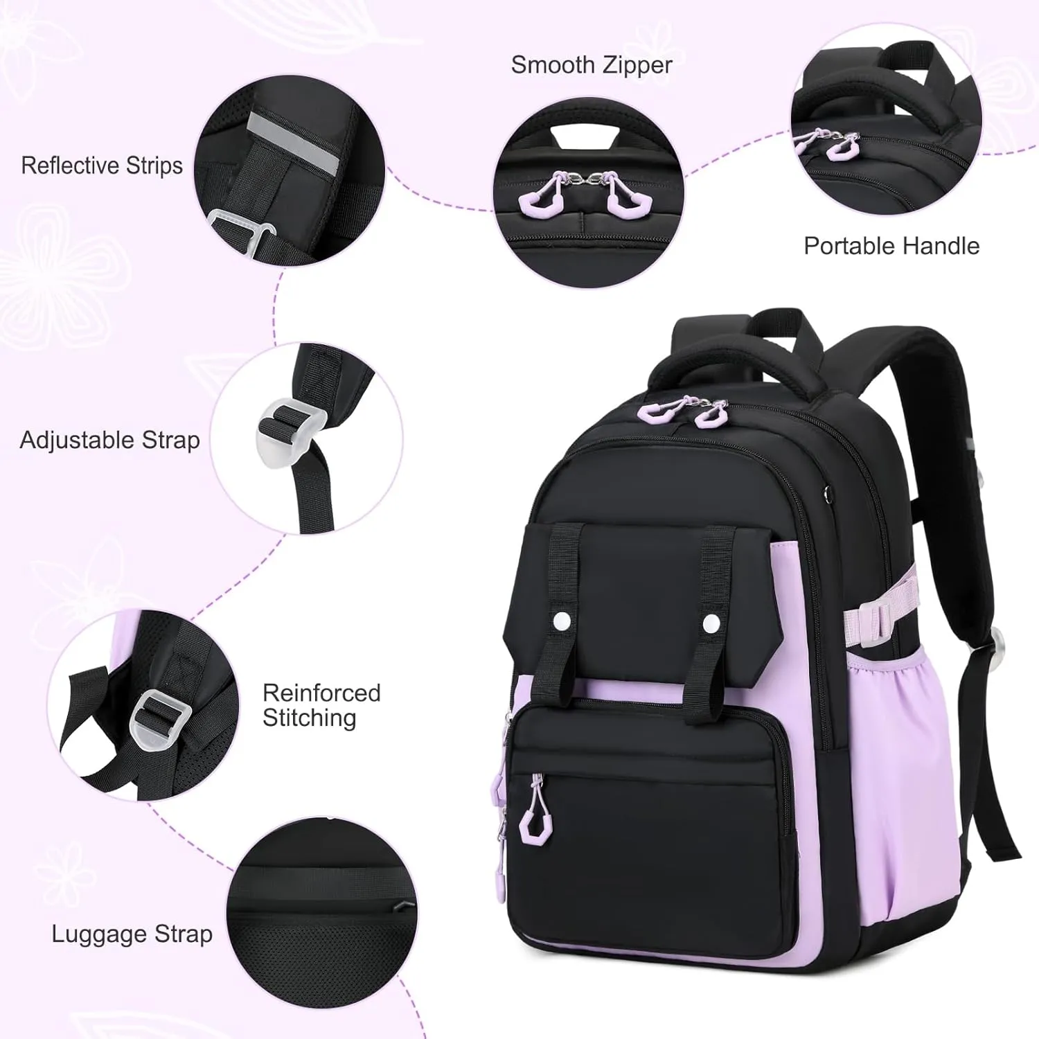 3PCS Girls Backpack for School, Kids School Backpack for Girls with Lunch Bag Pencil Case, Kids School Bookbag Teen Girls Backpacks for Elementary Middle High College School (Black-Purple)