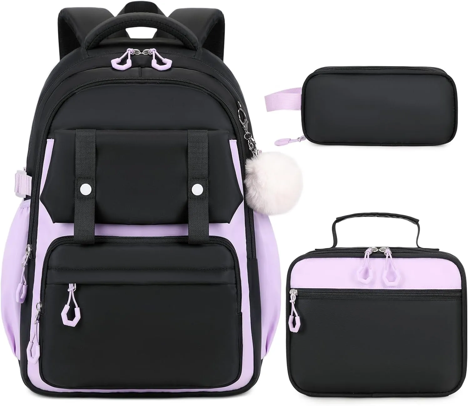3PCS Girls Backpack for School, Kids School Backpack for Girls with Lunch Bag Pencil Case, Kids School Bookbag Teen Girls Backpacks for Elementary Middle High College School (Black-Purple)
