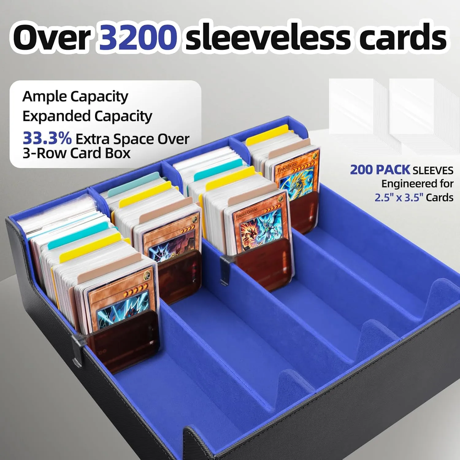 4 Rows Trading Card Storage Box 3200  Card Organizer Deck Case with 200 Sleeves & 24 Dividers Fits for MTG TCG Magic Baseball Football Basketball Sports Cards (Black & Blue)