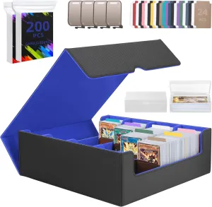 4 Rows Trading Card Storage Box 3200  Card Organizer Deck Case with 200 Sleeves & 24 Dividers Fits for MTG TCG Magic Baseball Football Basketball Sports Cards (Black & Blue)