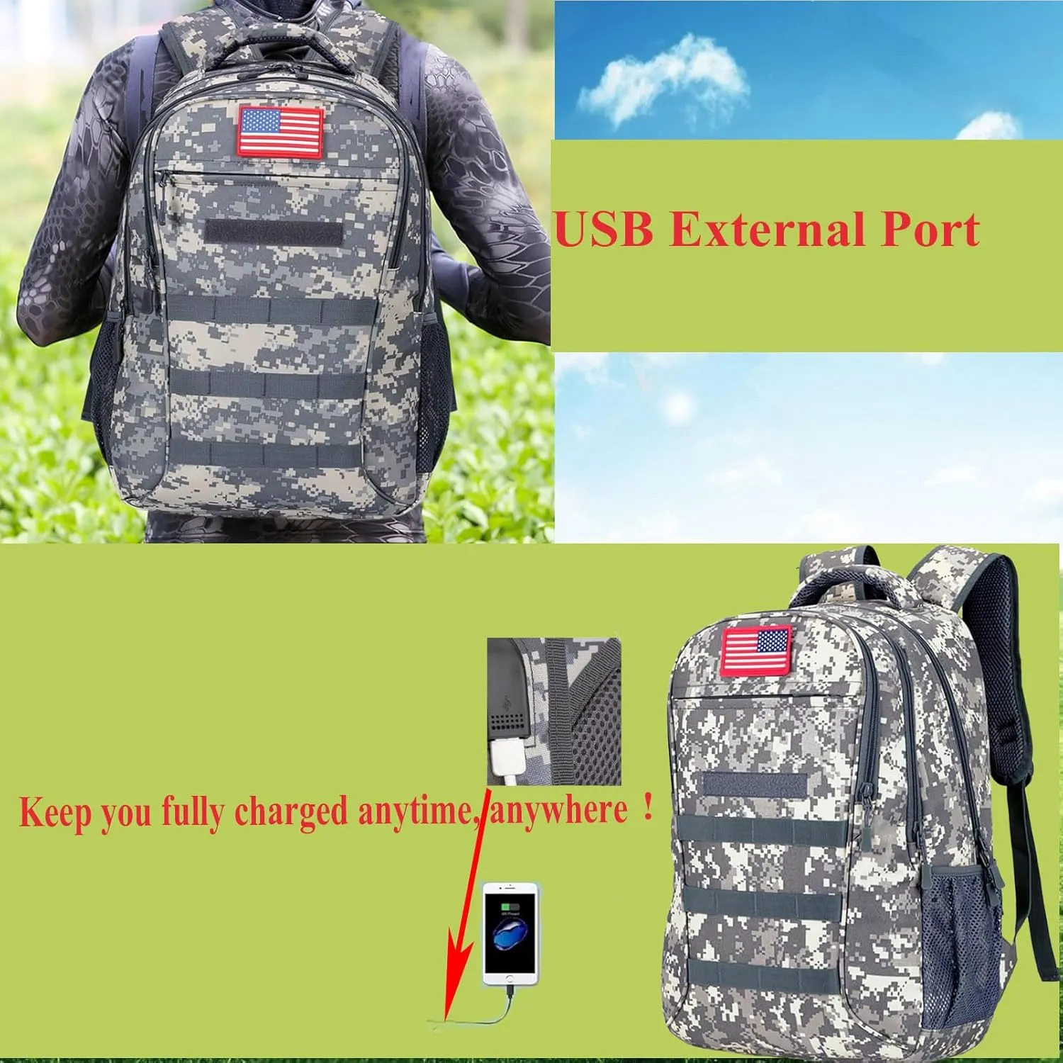 40L Camo Backpack Tactical Backpack Military Molle Backpack,Army Bookbag Gym Daypack Rucksack Pack Bag With USB Port Hiking Hunting Camping