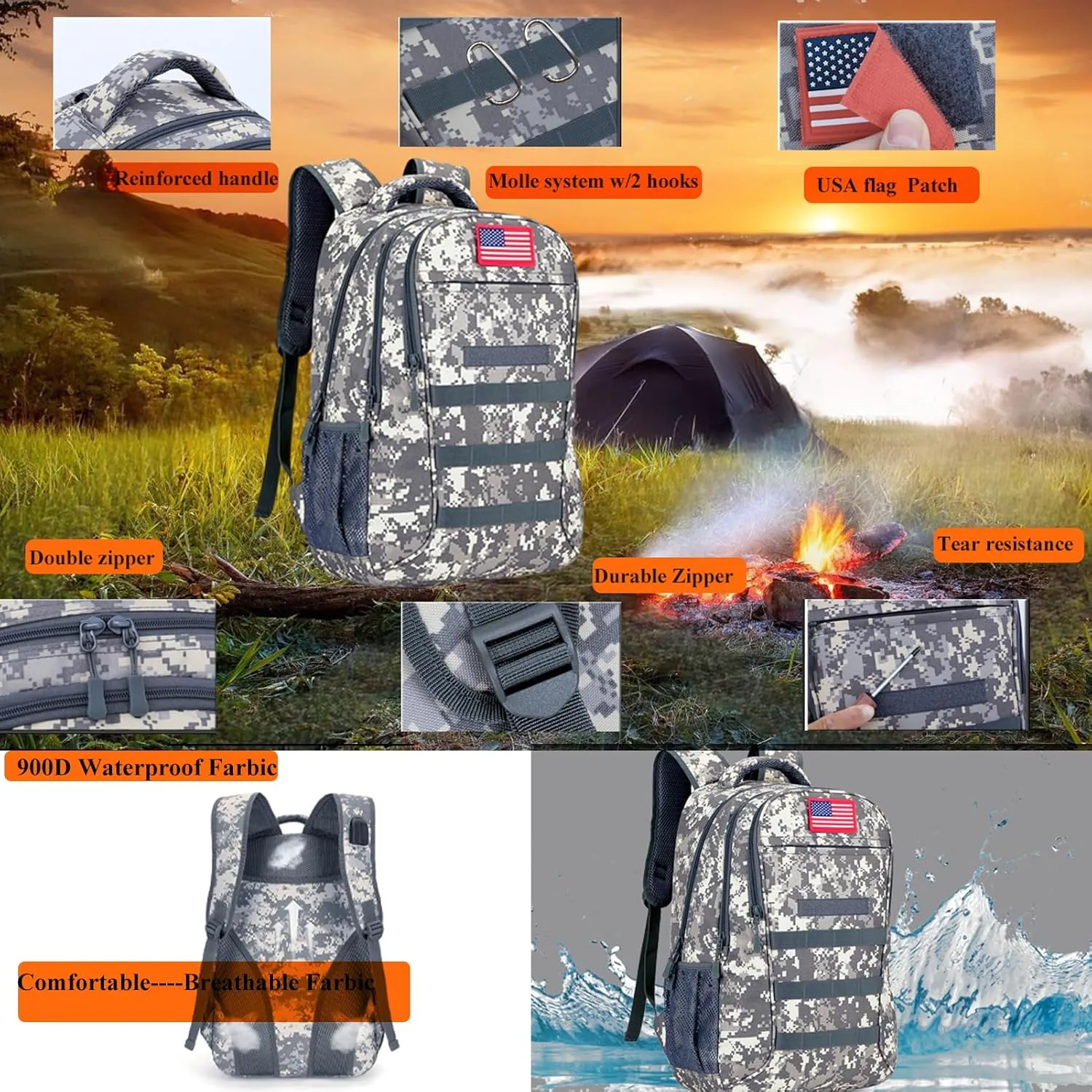 40L Camo Backpack Tactical Backpack Military Molle Backpack,Army Bookbag Gym Daypack Rucksack Pack Bag With USB Port Hiking Hunting Camping