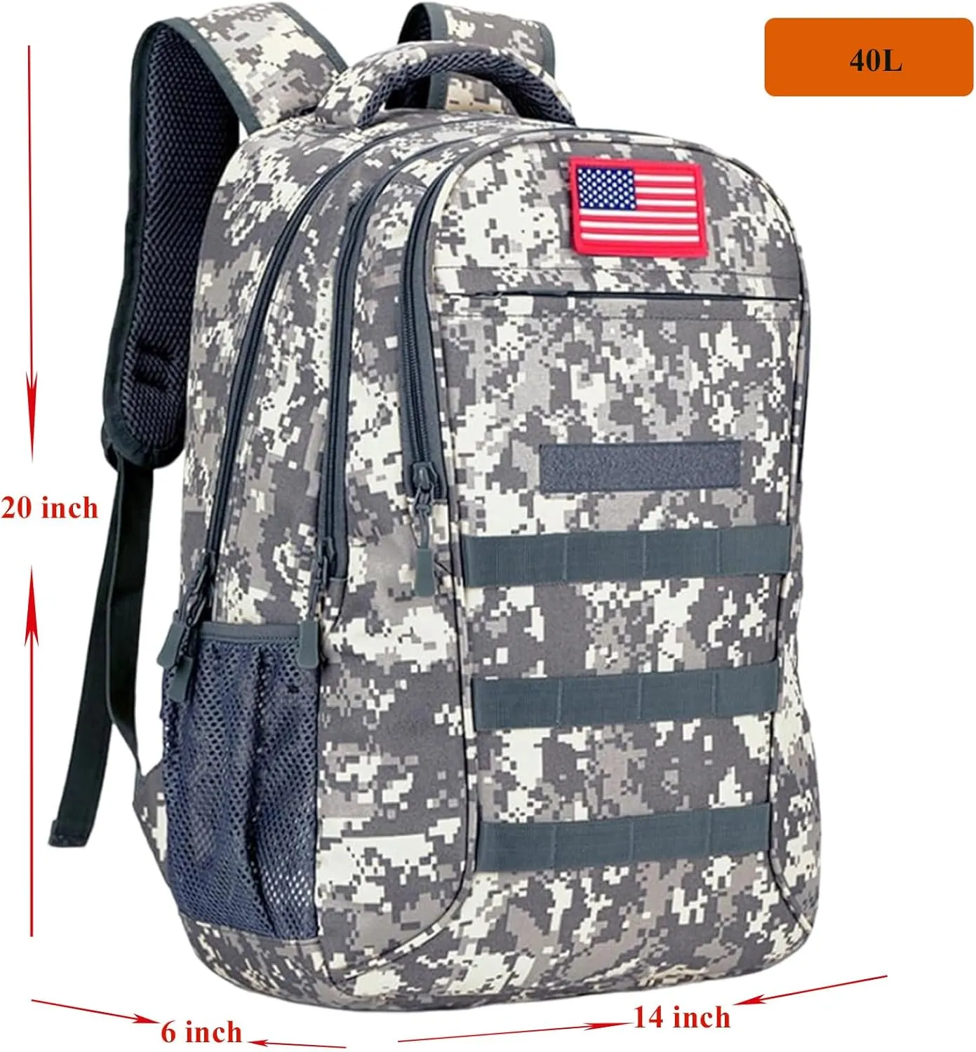 40L Camo Backpack Tactical Backpack Military Molle Backpack,Army Bookbag Gym Daypack Rucksack Pack Bag With USB Port Hiking Hunting Camping