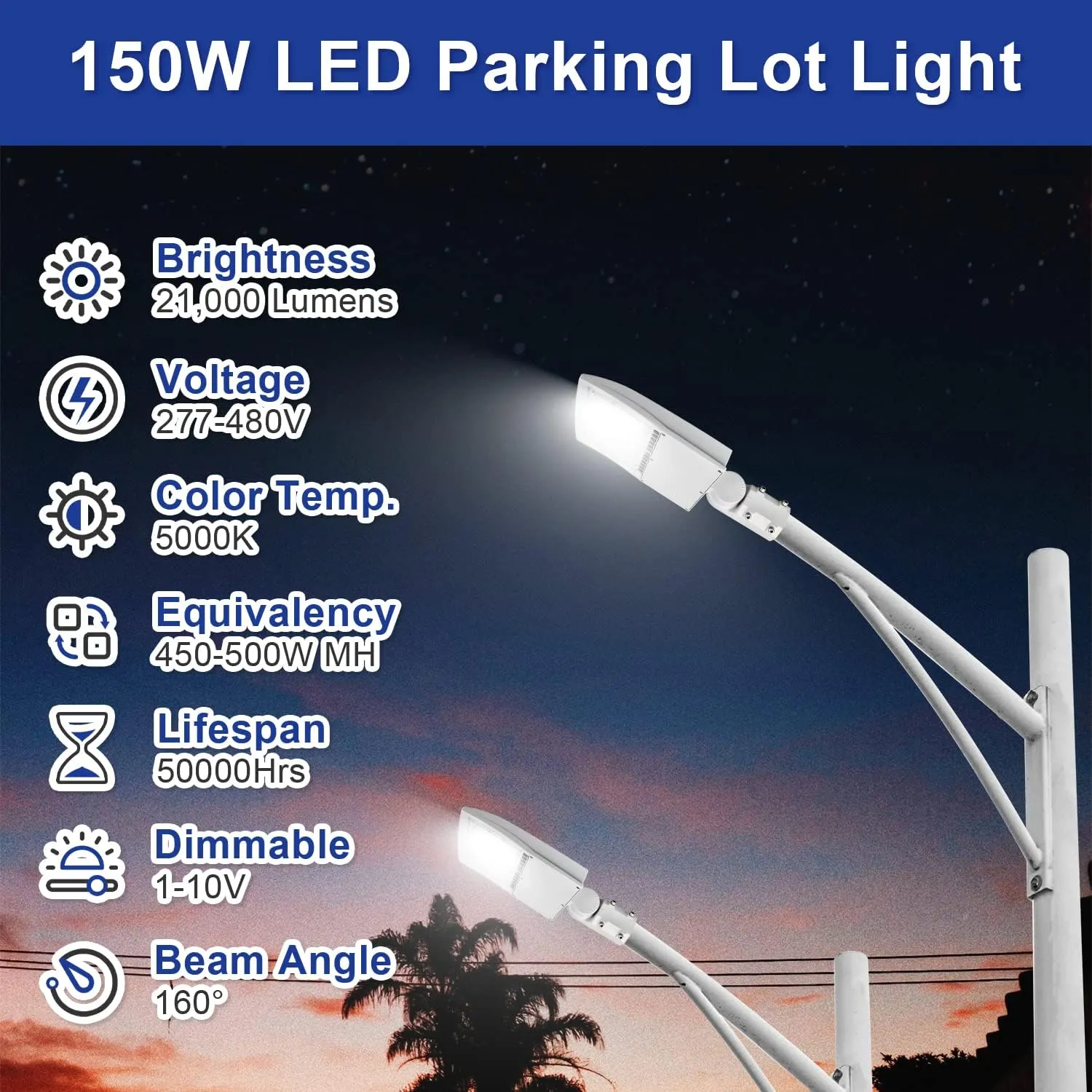 480V 150W LED Parking Lot Lights 21000LM 5000K White LED Shoebox Area Light Dimmable Outdoor Commercial Street Lighting Fixture with Yoke Mount IP65 UL&DLC Listed(Slip Fitter Mount,150Watts)