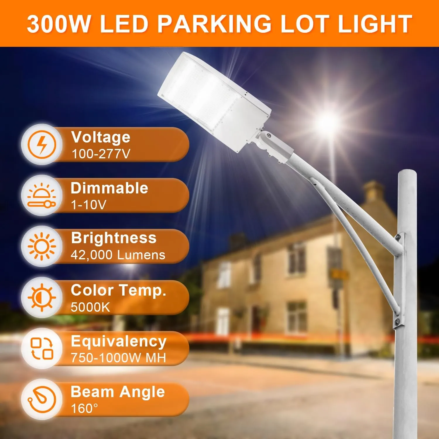 480V 300W White LED Parking Lot Lights 42000LM 5000K LED Shoebox Light 1-10V Dimmable Commercial Street Light with 20KV Surge Protection IP65 UL&DLC Listed(300W(100-277V),Slip Fitter Mount)
