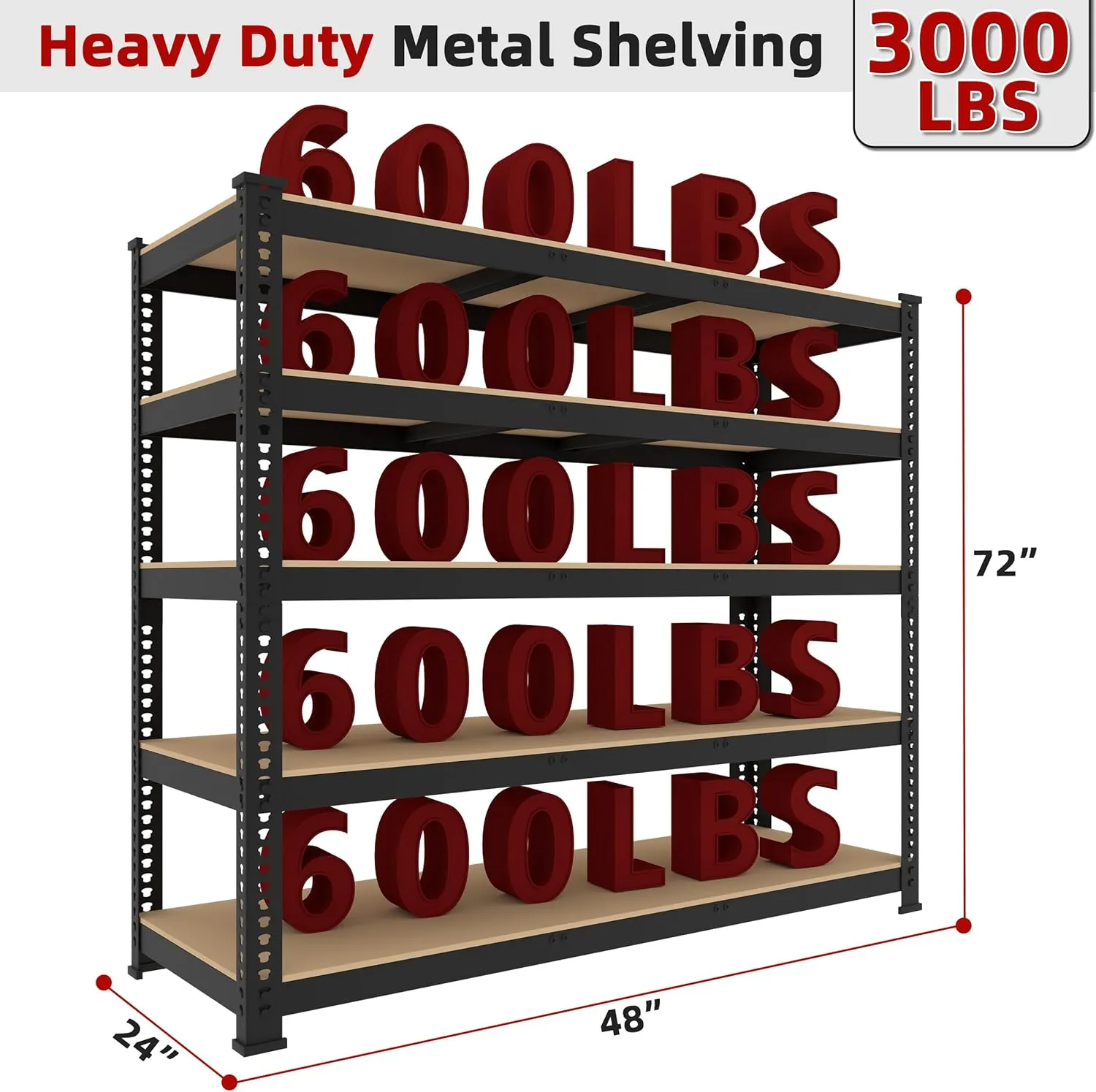48" W x 24" D x 72" H Adjustable Garage Storage Shelves - 5-Shelf Heavy Duty Shelving Unit, Metal Utility Storage Organizer Racks for Warehouse Pantry Closet Kitchen, Black