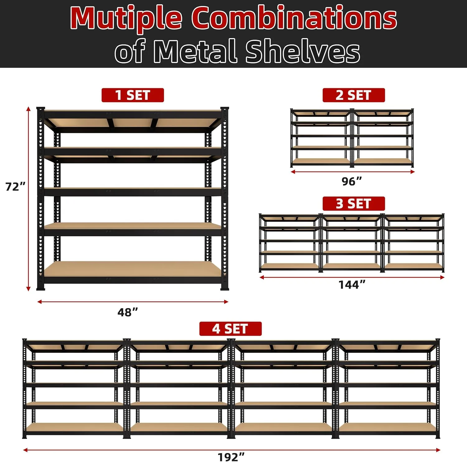 48" W x 24" D x 72" H Adjustable Garage Storage Shelves - 5-Shelf Heavy Duty Shelving Unit, Metal Utility Storage Organizer Racks for Warehouse Pantry Closet Kitchen, Black