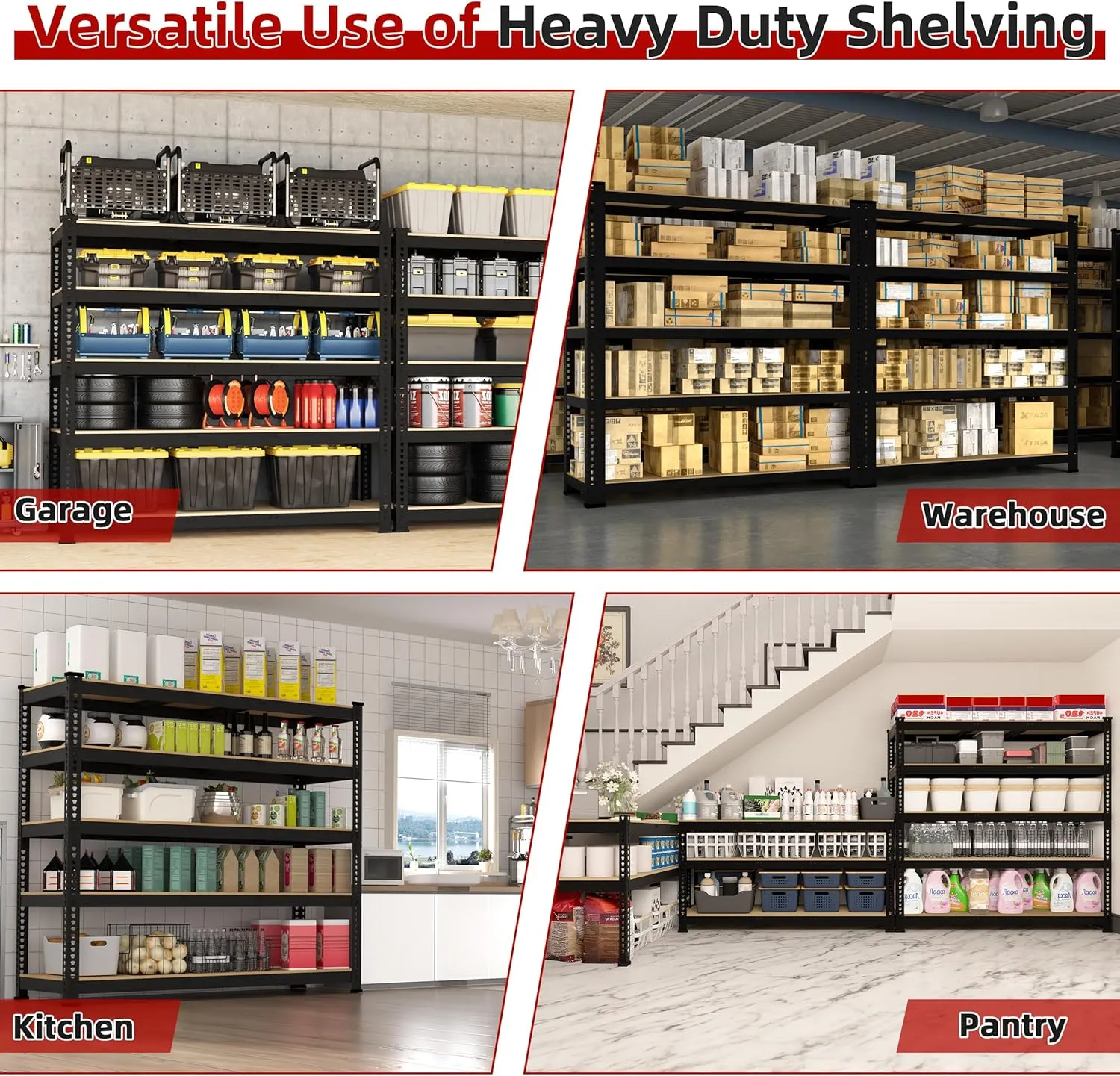 48" W x 24" D x 72" H Adjustable Garage Storage Shelves - 5-Shelf Heavy Duty Shelving Unit, Metal Utility Storage Organizer Racks for Warehouse Pantry Closet Kitchen, Black