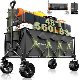 48"L Collapsible Wagon Cart Foldable, 560LB Weight Capacity 300L Heavy Duty Folding Beach Wagon with All-Terrain Big Wheel, Utility Wagon for Grocery, Shopping, Garden, Sports, Camping, Grey