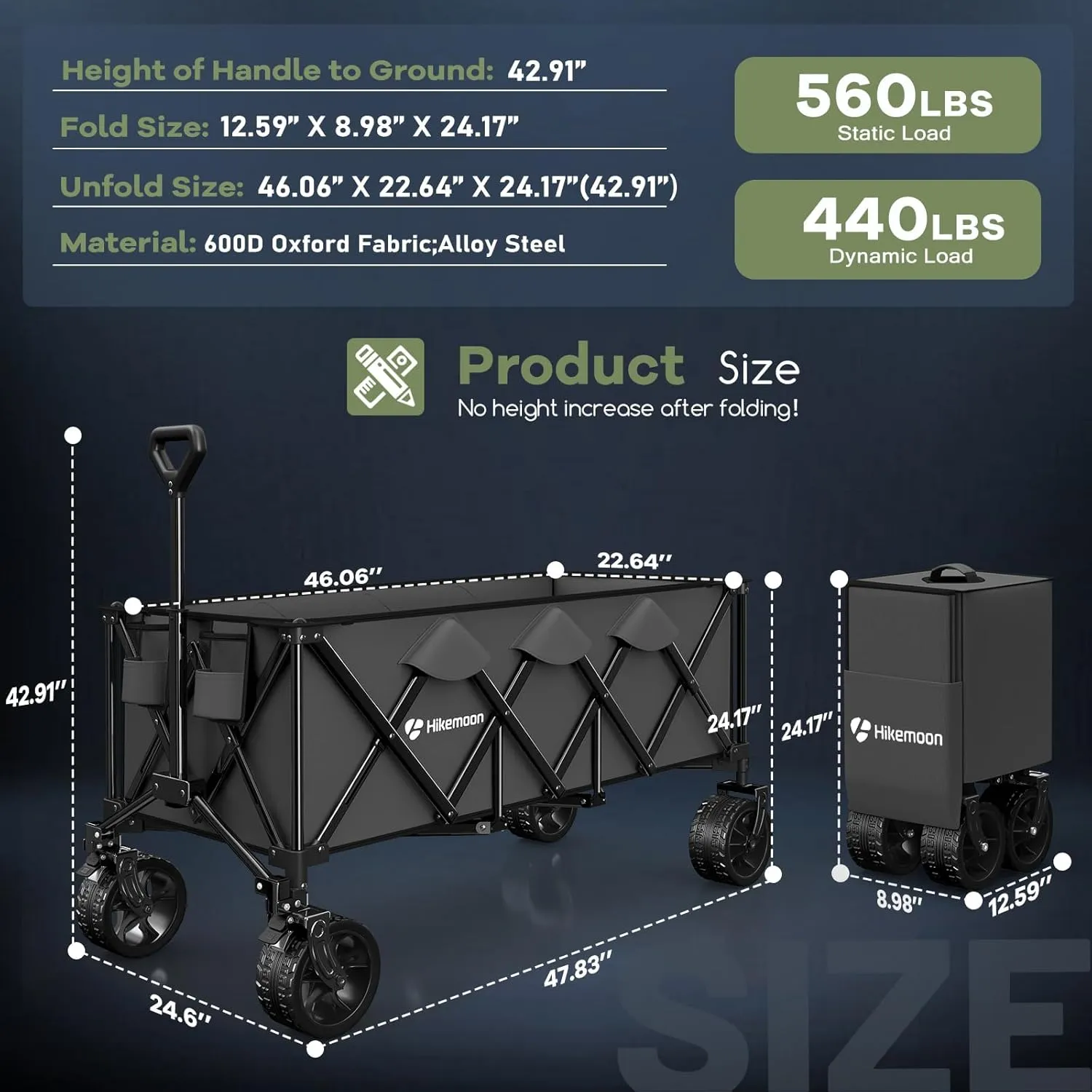 48"L Collapsible Wagon Cart Foldable, 560LB Weight Capacity 300L Heavy Duty Folding Beach Wagon with All-Terrain Big Wheel, Utility Wagon for Grocery, Shopping, Garden, Sports, Camping, Grey