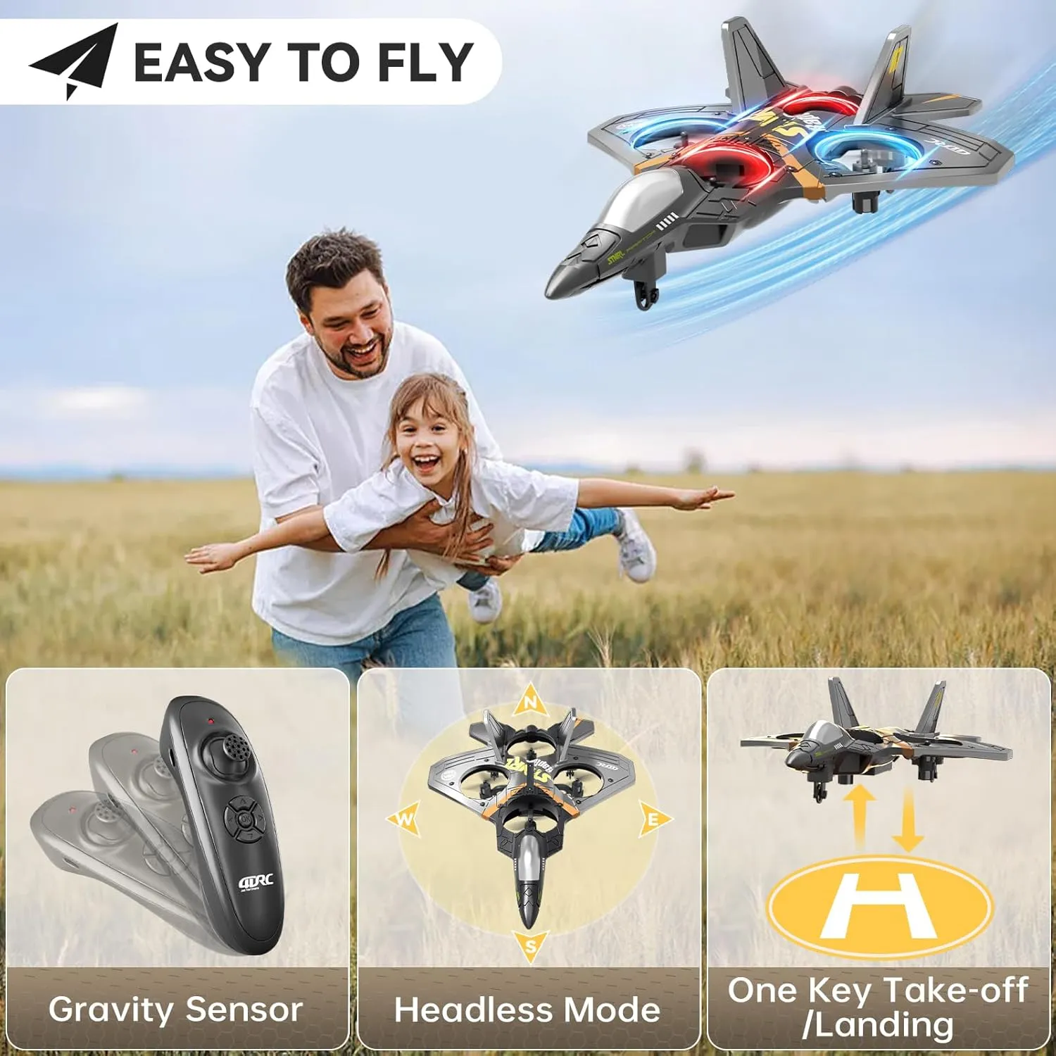 4DRC V17 Foam Remote Control Airplanes Rc Planes for Kids Adults 4-7 8-16, Remote Control Planes Fighter Jet with Light, 360° Flip Fighter Jet Toy, Gravity Sensing, Stunt Roll, Gifts for Kids Boys
