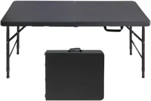 4ft Portable Folding Table, 135kg Heavy Duty Camping Table with Carry Handle, Waterproof Surface, Indoor/Outdoor Utility Table for Picnic, BBQ, Parties (Black)