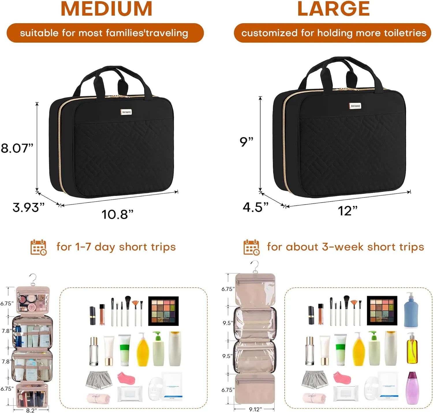 5.8L Travel Toiletry Bag for women - 2.1 GAL Water-resistant Makeup Cosmetic Bag Organizer With Hanging Hook for Travel Accessories Shampoo Full-size Container, Black