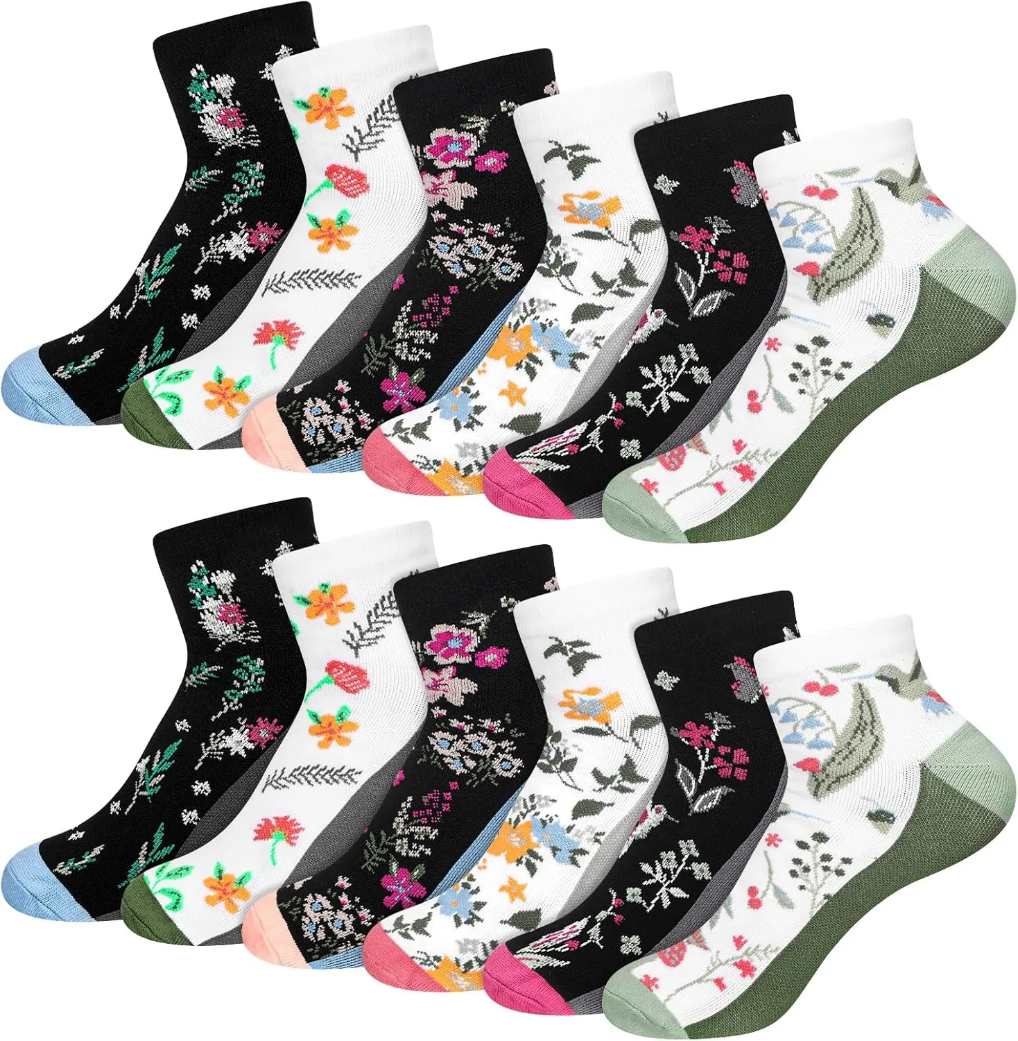 6 Pairs Ankle Compression Socks for Women, Floral Low Cut Athletic Socks for Running, Nursing, Hiking, Travel