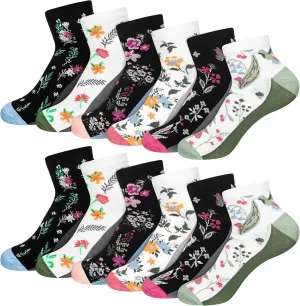 6 Pairs Ankle Compression Socks for Women, Floral Low Cut Athletic Socks for Running, Nursing, Hiking, Travel