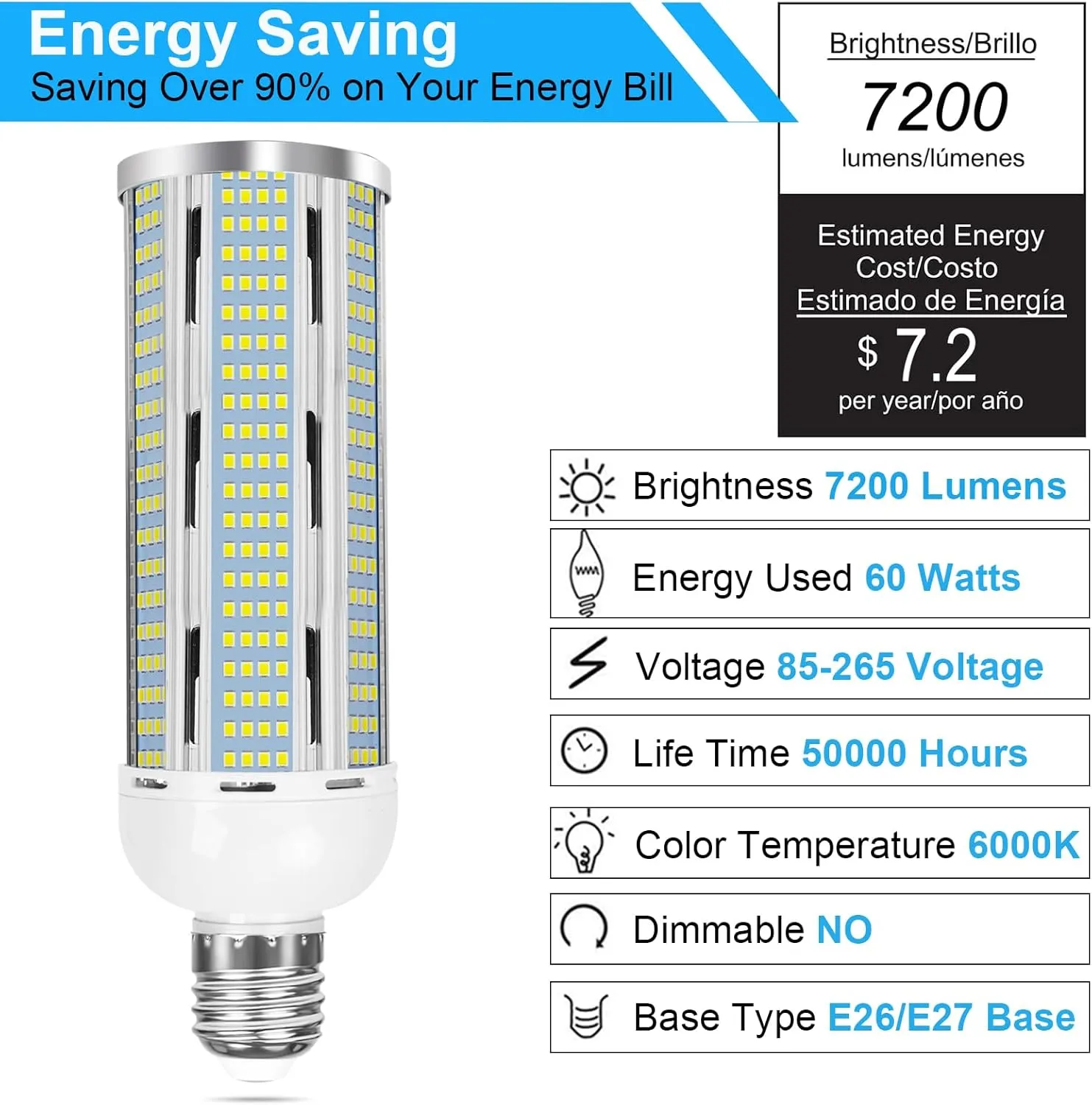 600W Equivalent Led Corn Light Bulb, 7200 Lumen 6000K Daylight LED Corn Lamp, 60W E26 E39 Led Corn Bulb for Indoor Garage Factory Warehouse Backyard 85V-265V