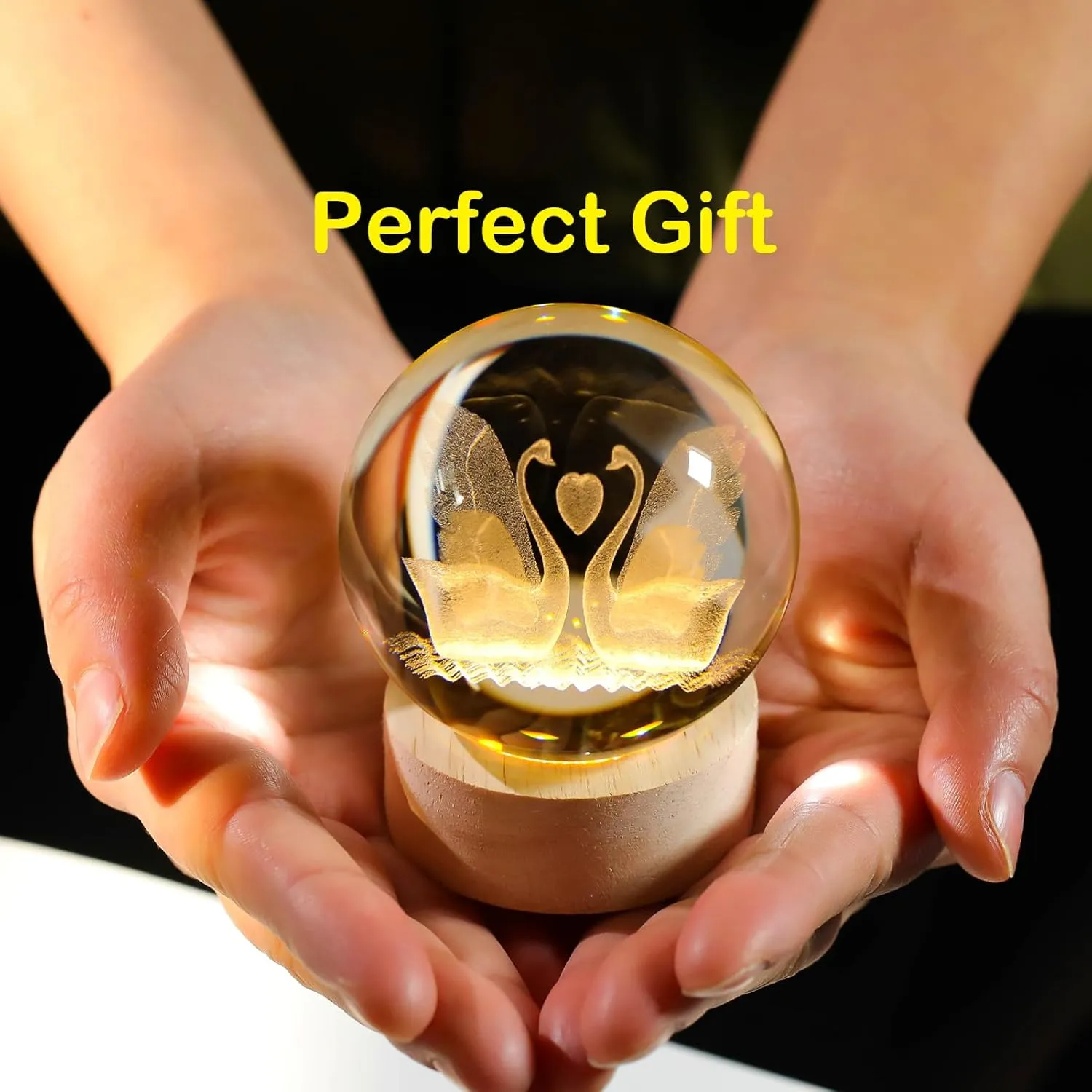 60mm 3D Goose Crystal Ball Figurines with Wooden Base, 3D Laser Engraved Swan Figurines Glass Sphere Paperweight Ornaments for Home Decor, 3D Swan Crystal Ball Light Collection Gifts.