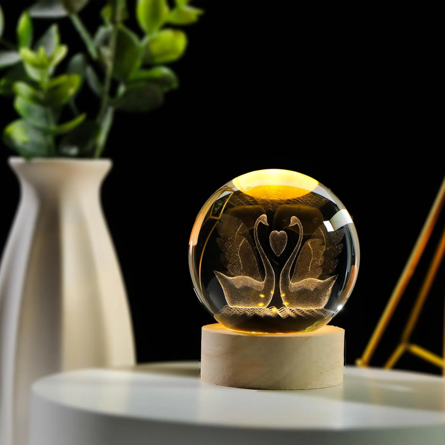 60mm 3D Goose Crystal Ball Figurines with Wooden Base, 3D Laser Engraved Swan Figurines Glass Sphere Paperweight Ornaments for Home Decor, 3D Swan Crystal Ball Light Collection Gifts.