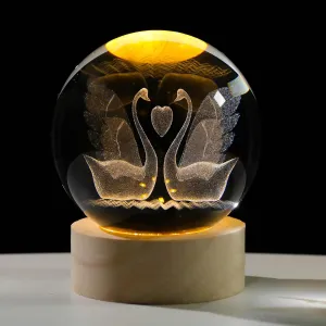 60mm 3D Goose Crystal Ball Figurines with Wooden Base, 3D Laser Engraved Swan Figurines Glass Sphere Paperweight Ornaments for Home Decor, 3D Swan Crystal Ball Light Collection Gifts.