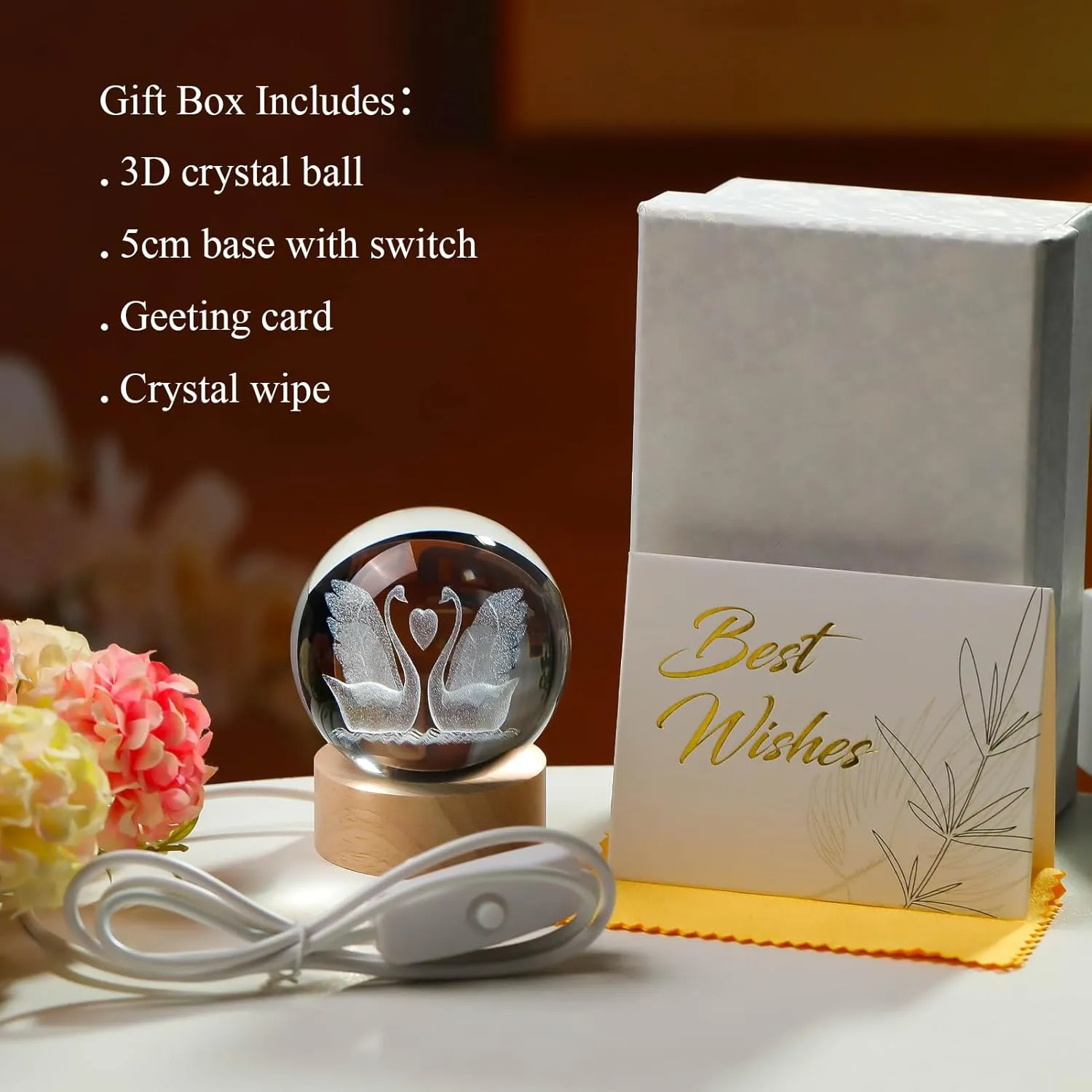 60mm 3D Goose Crystal Ball Figurines with Wooden Base, 3D Laser Engraved Swan Figurines Glass Sphere Paperweight Ornaments for Home Decor, 3D Swan Crystal Ball Light Collection Gifts.