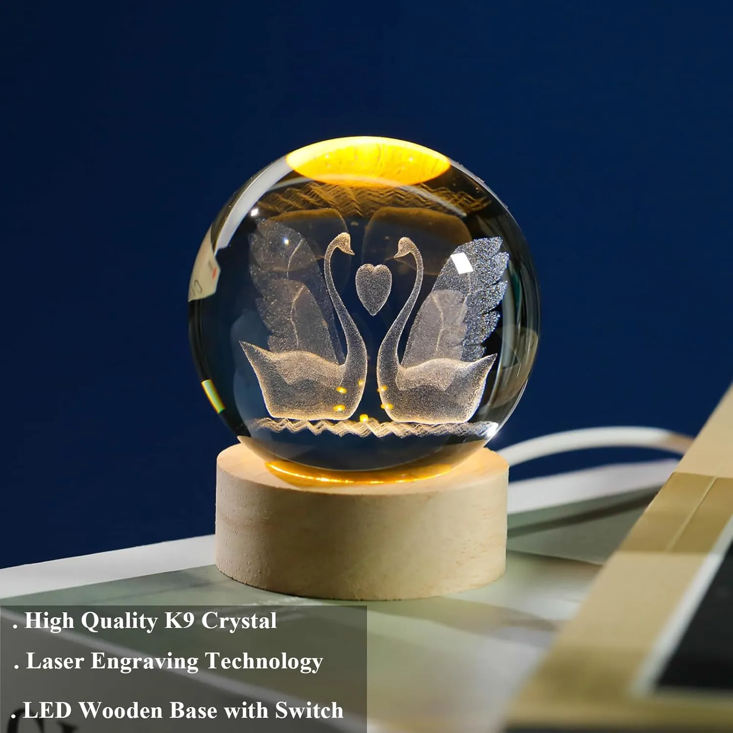 60mm 3D Goose Crystal Ball Figurines with Wooden Base, 3D Laser Engraved Swan Figurines Glass Sphere Paperweight Ornaments for Home Decor, 3D Swan Crystal Ball Light Collection Gifts.