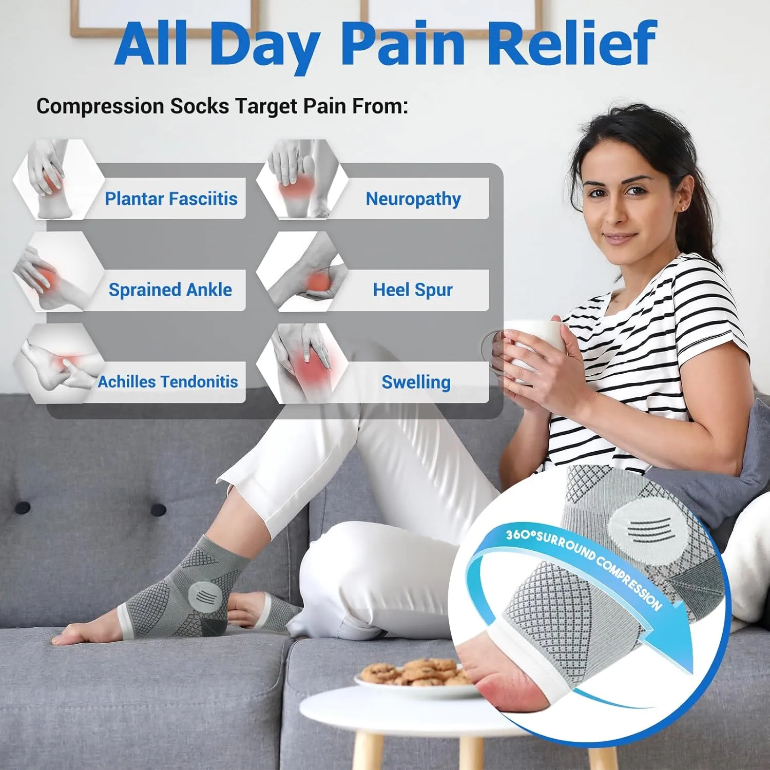 6Pairs Neuropathy Socks for Women and Men, Toeless Compression Socks, Soothe Relief Compression Socks, Compression Socks for Plantar Fasciitis, Achilles Tendonitis Relief, Arch Support (X-Large)