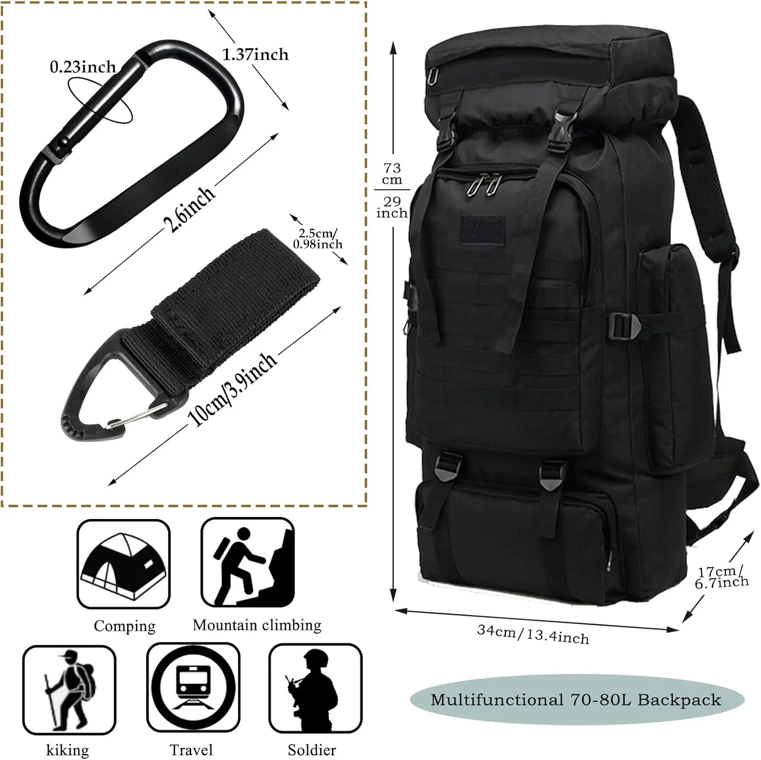 70L Hiking Backpack for Men, Waterproof Lightweight Camping Backpack, Military Rucksack with Molle, 3-Day Assault Pack for Travel, Climbing, Outdoor Sports(Black)