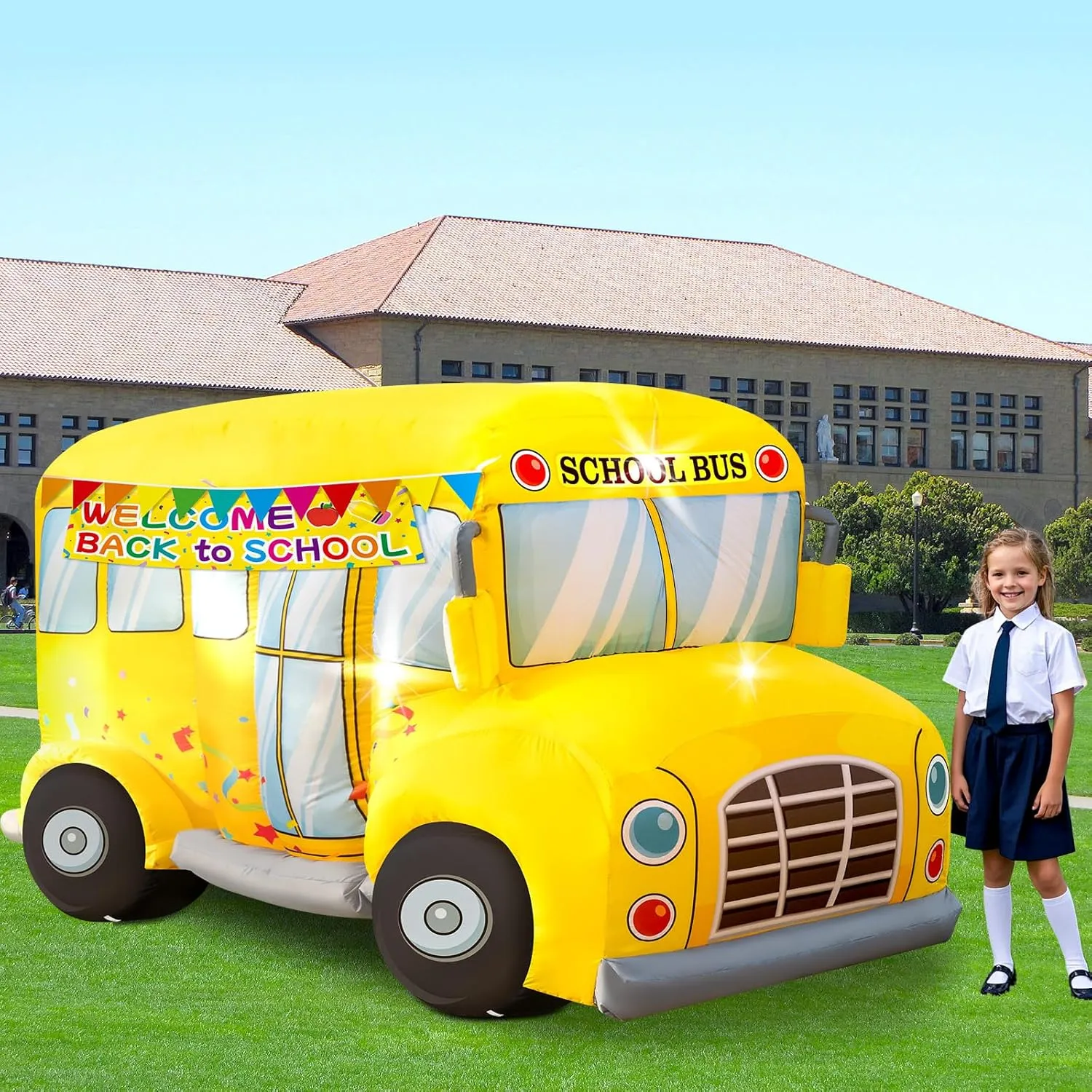 7.5FT School Bus Inflatables Decorations Welcome Back to School Outdoor Decoration with 3 LED Lights and Banner First Day of School Party Lawn Yard Signs Decor for Kindergarten Preschool