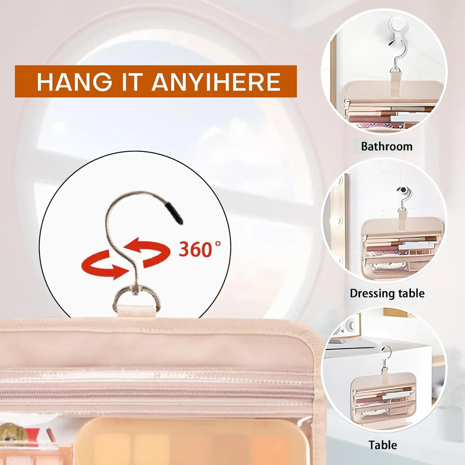 8L Travel Toiletry Bag for women - 2.1 GAL Water-resistant Makeup Cosmetic Bag Organizer With Hanging Hook for Travel Accessories Shampoo Full-size Container, Black